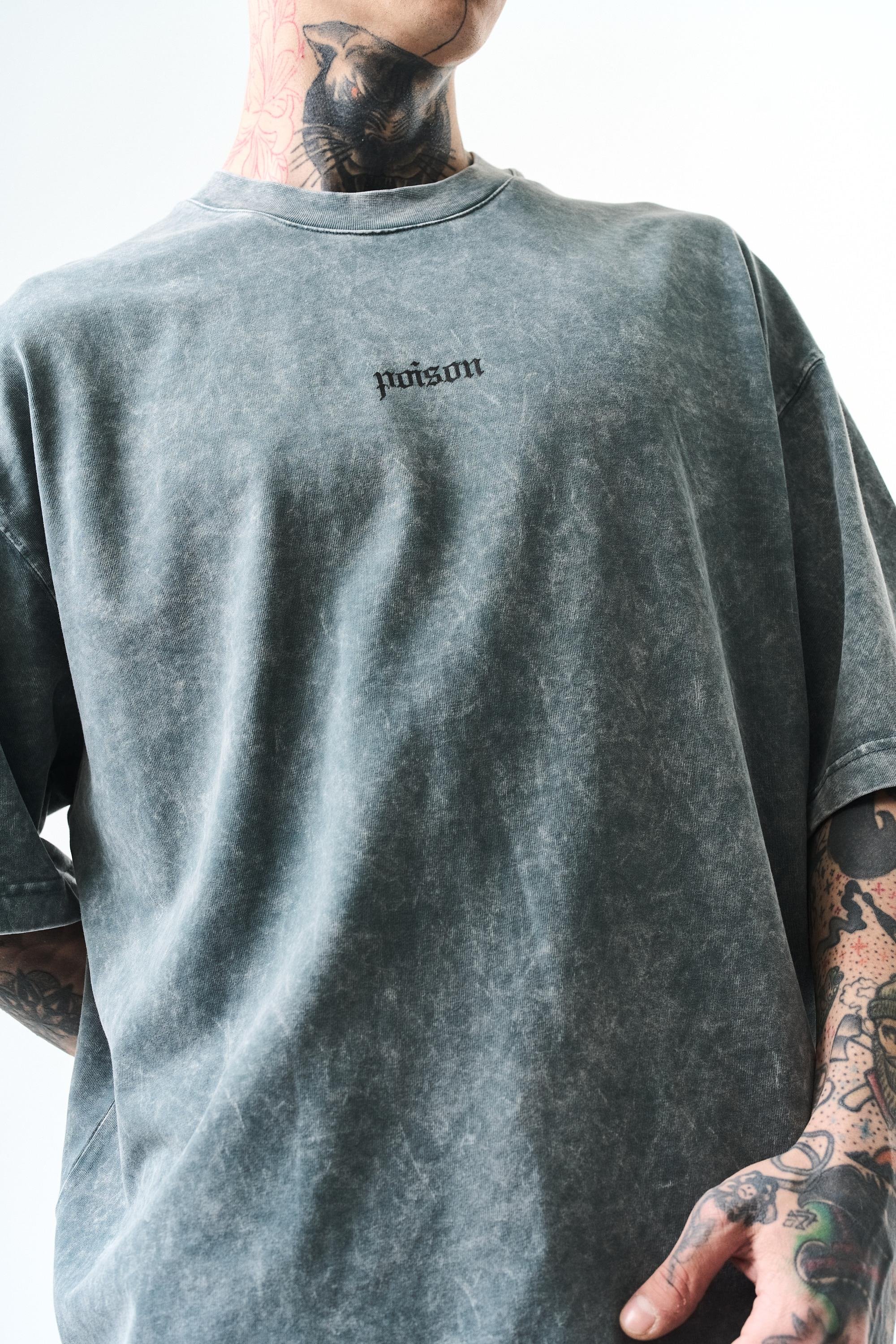 Erkek Snake Baskılı Yıkamalı Oversize T-Shirt Gri