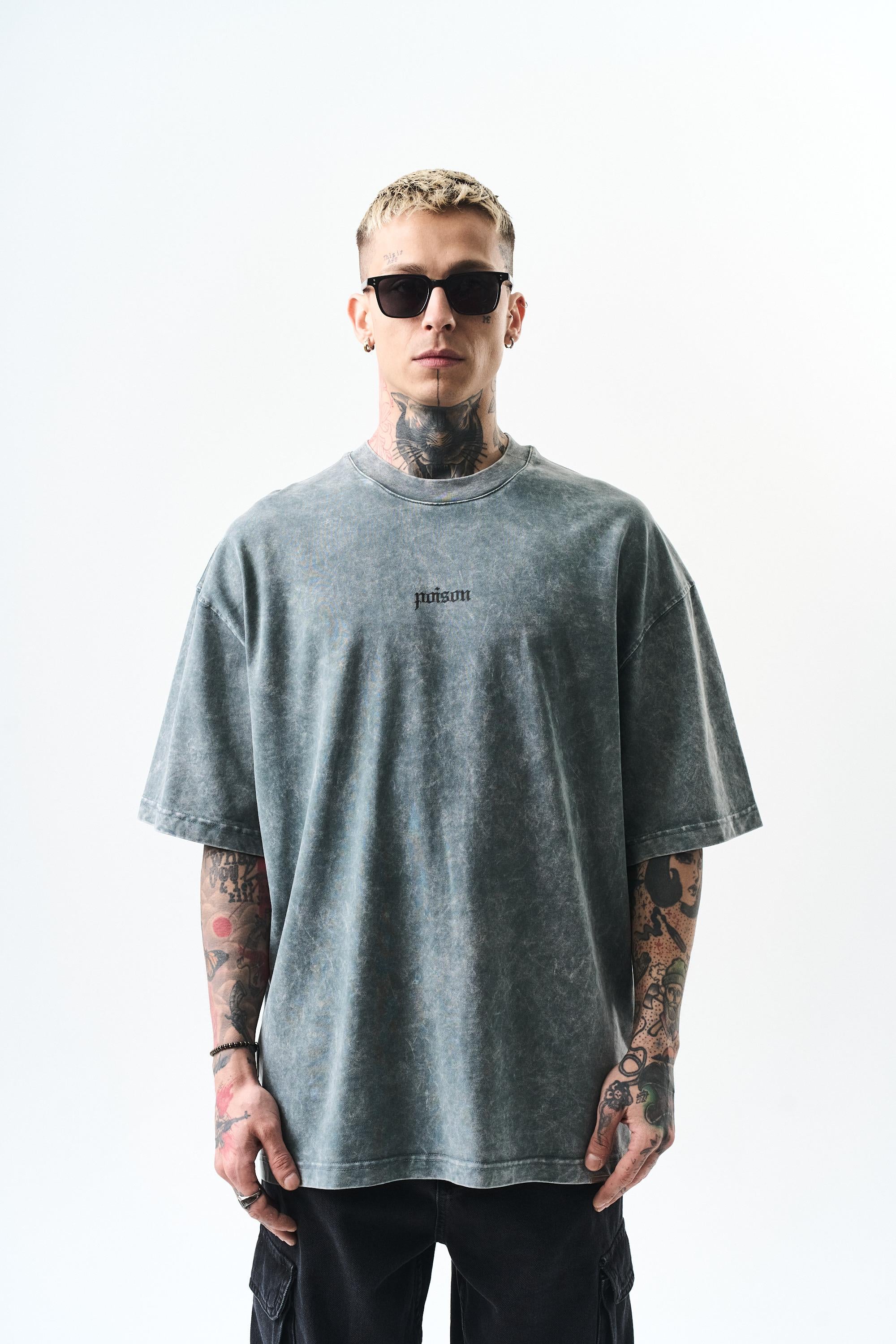 Erkek Snake Baskılı Yıkamalı Oversize T-Shirt Gri