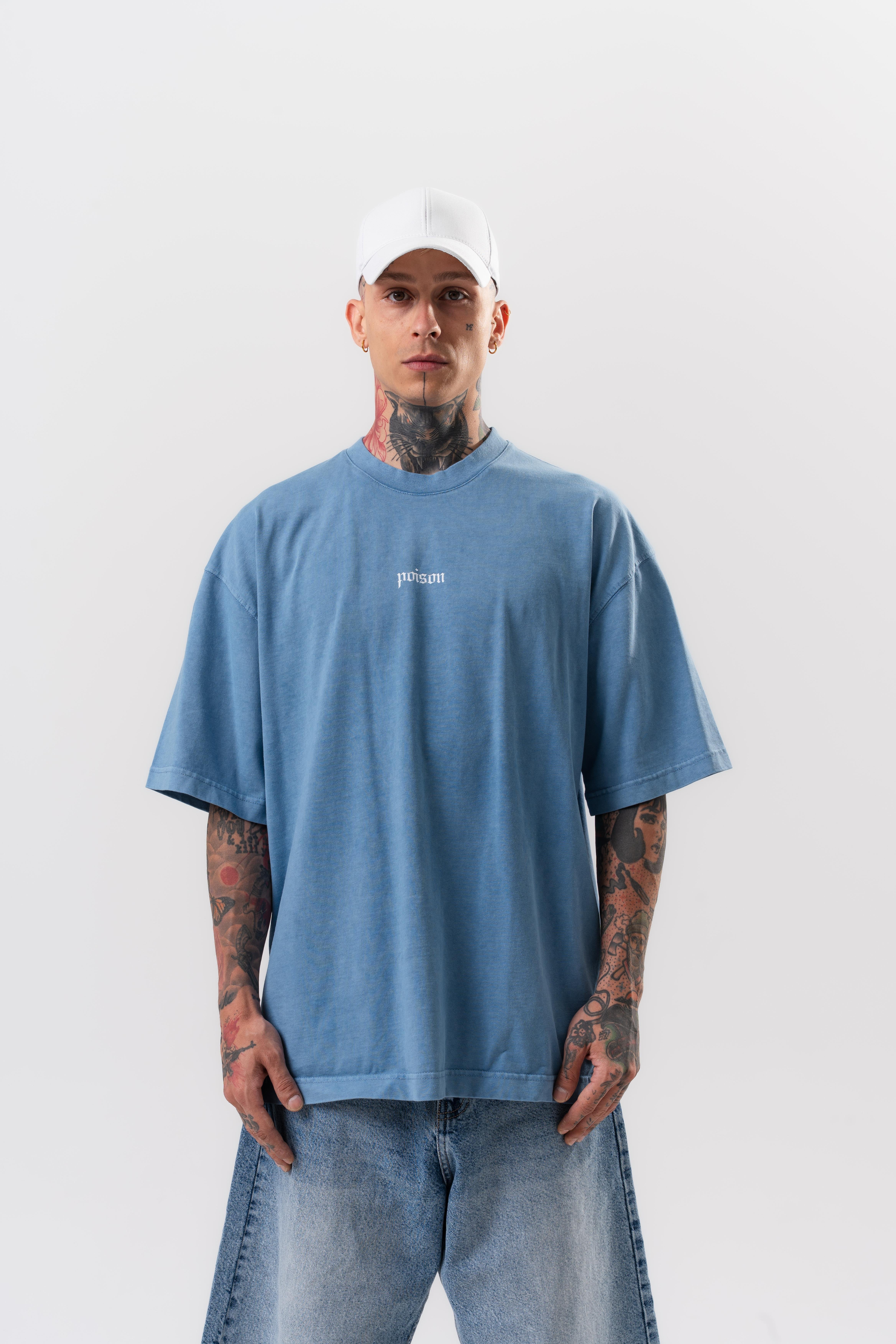 Erkek Snake Baskılı Yıkamalı Oversize T-Shirt Mavi