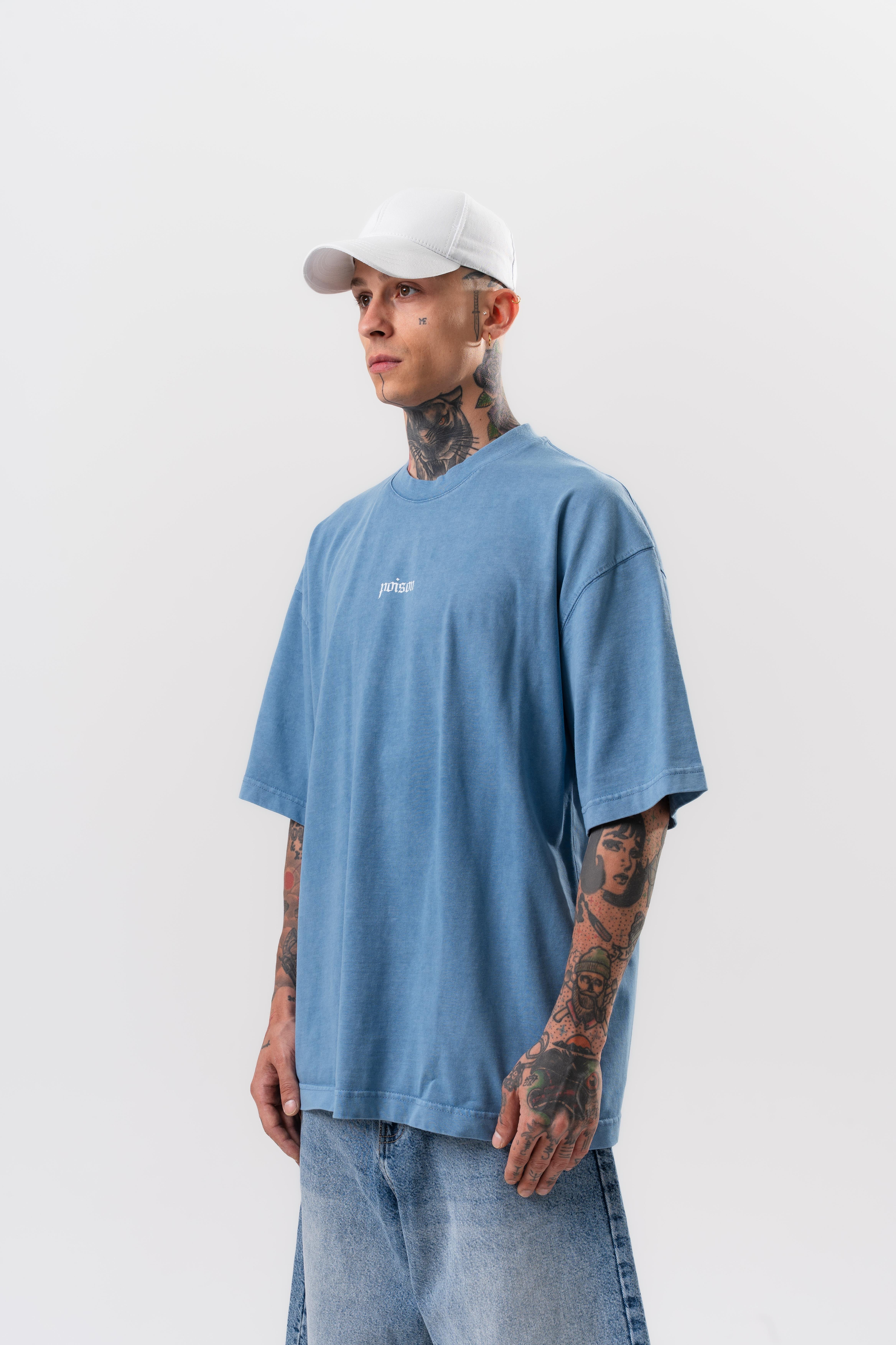 Erkek Snake Baskılı Yıkamalı Oversize T-Shirt Mavi