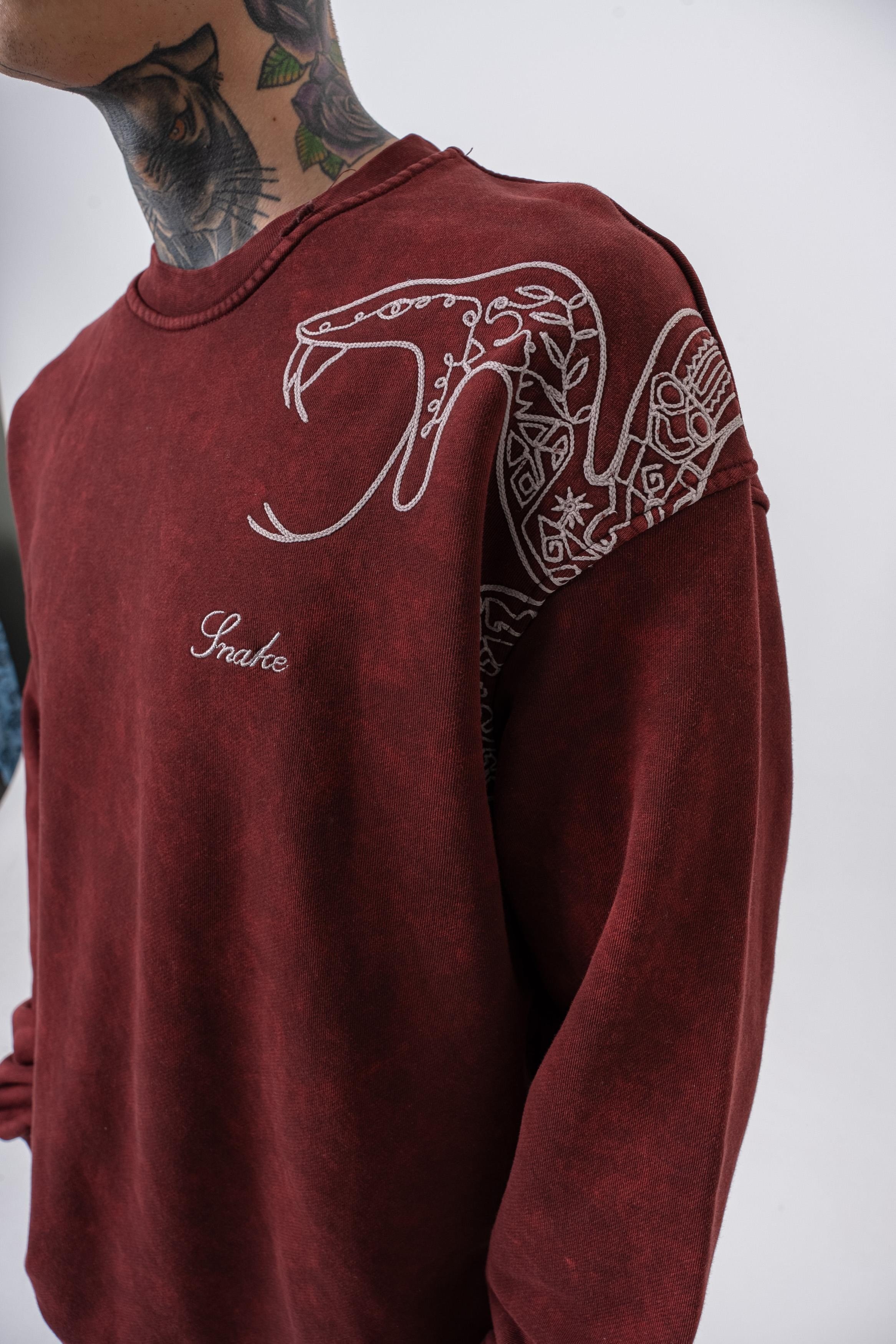 Erkek Snake Nakışlı Yıkamalı Bisiklet Yaka Oversize Sweatshirt Bordo