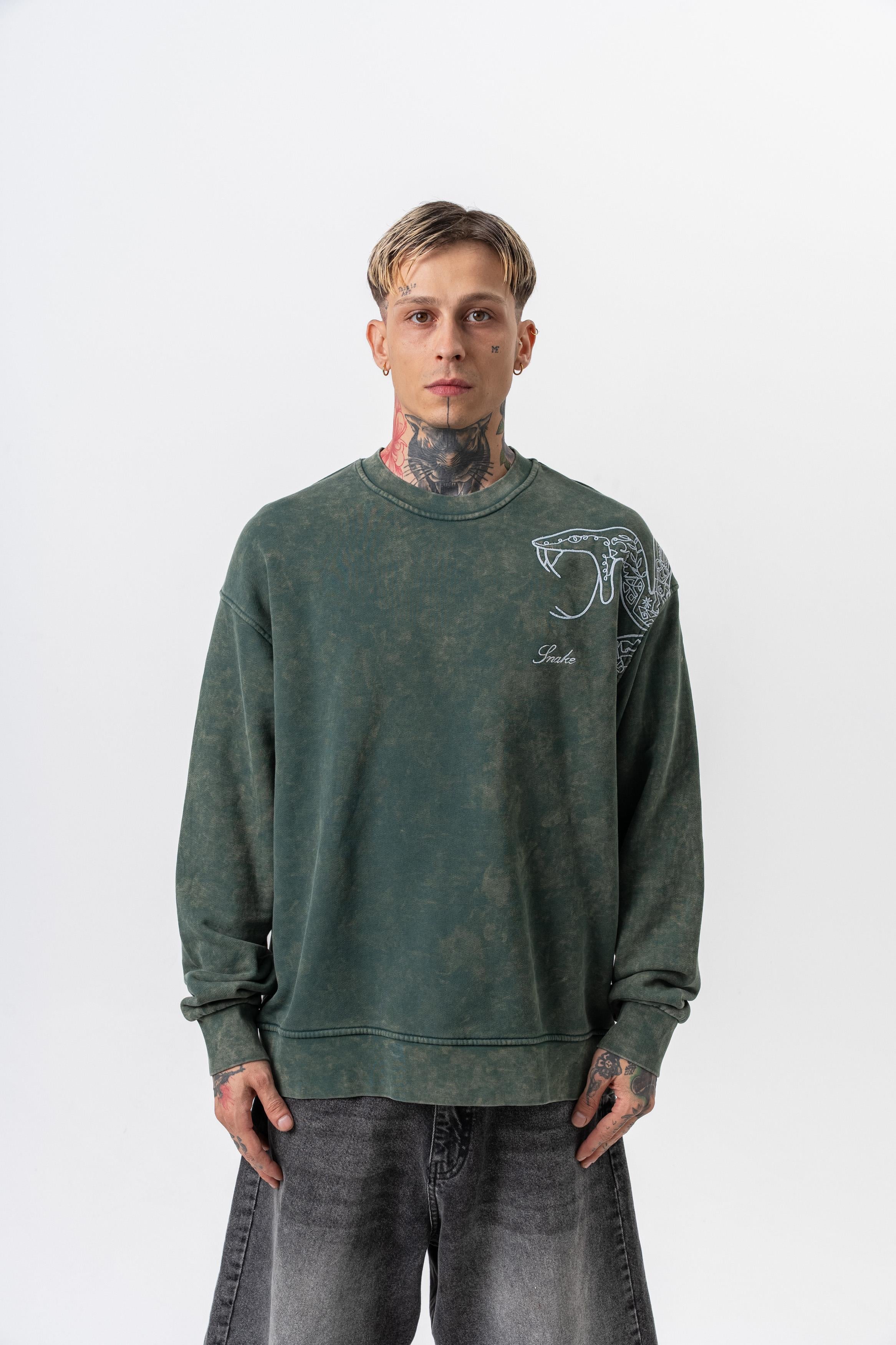 Erkek Snake Nakışlı Yıkamalı Bisiklet Yaka Oversize Sweatshirt Yeşil