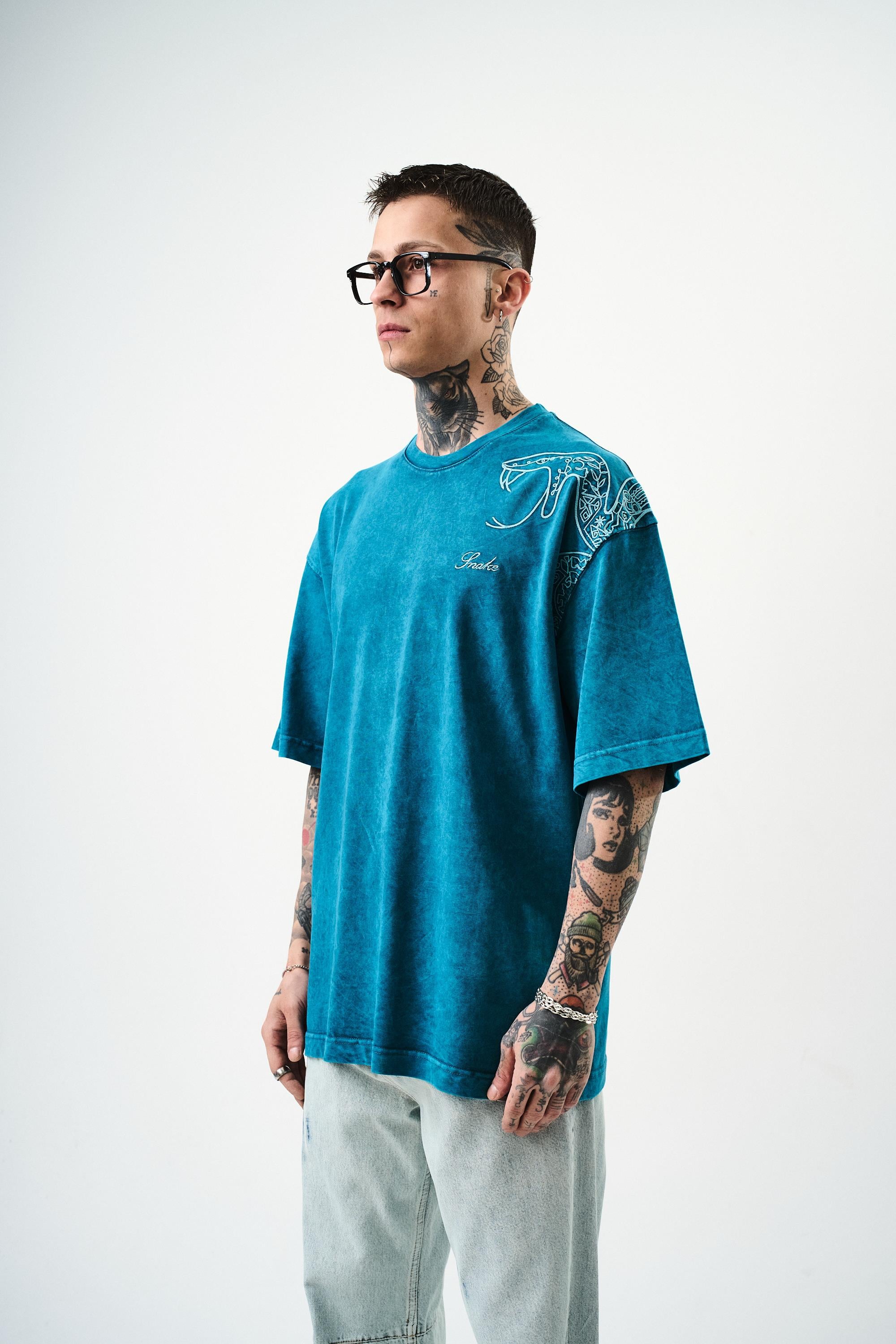 Erkek Snake Nakışlı Yıkamalı Oversize T-Shirt Petrol