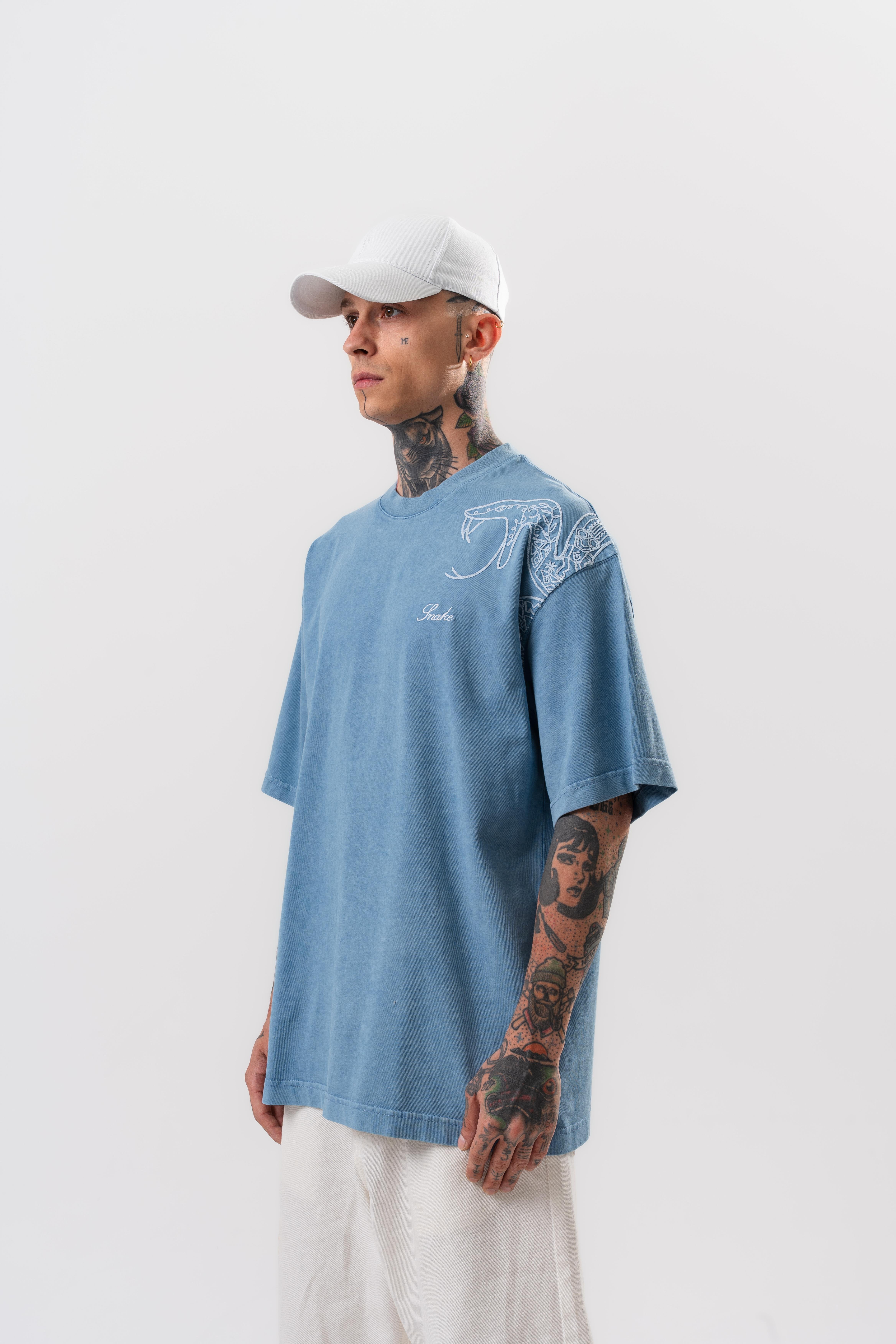 Erkek Snake Nakışlı Yıkamalı Oversize T-Shirt Mavi