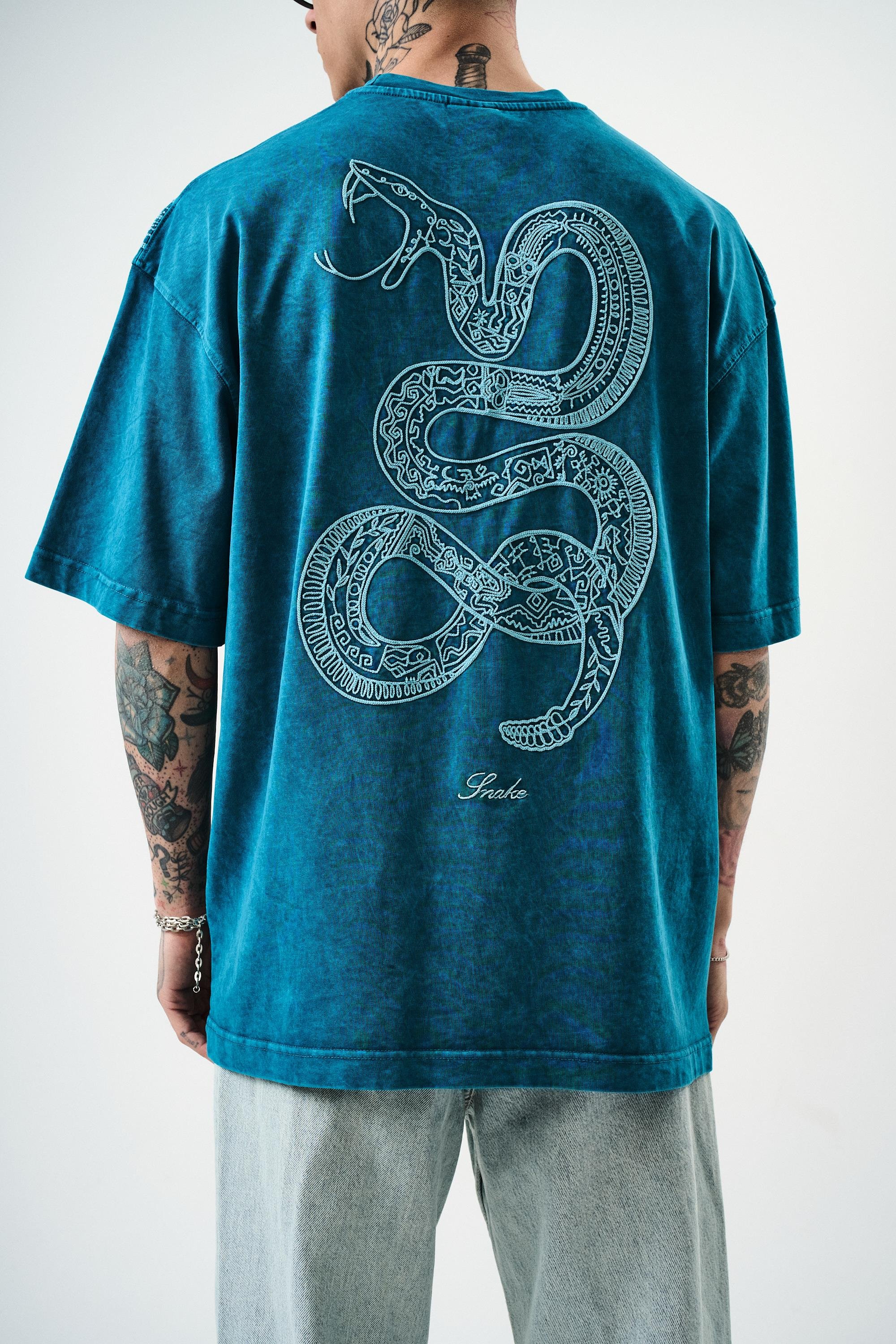 Erkek Snake Nakışlı Yıkamalı Oversize T-Shirt Petrol