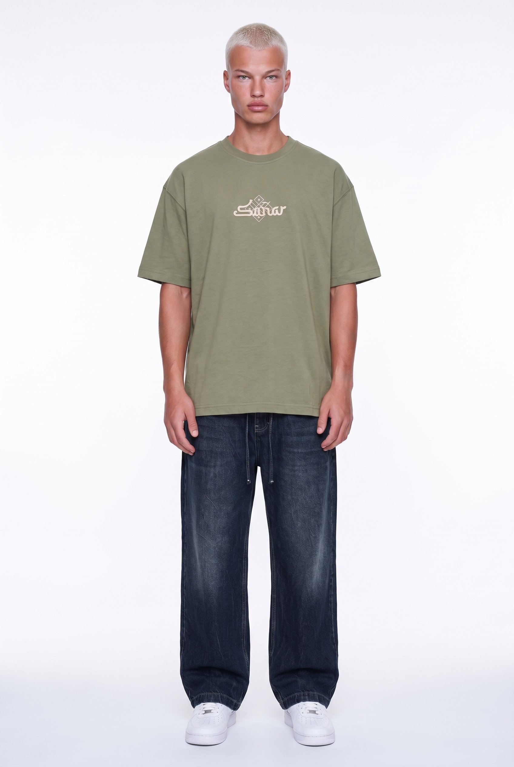 Erkek Sonar Nakış Detaylı Oversize T-Shirt Haki