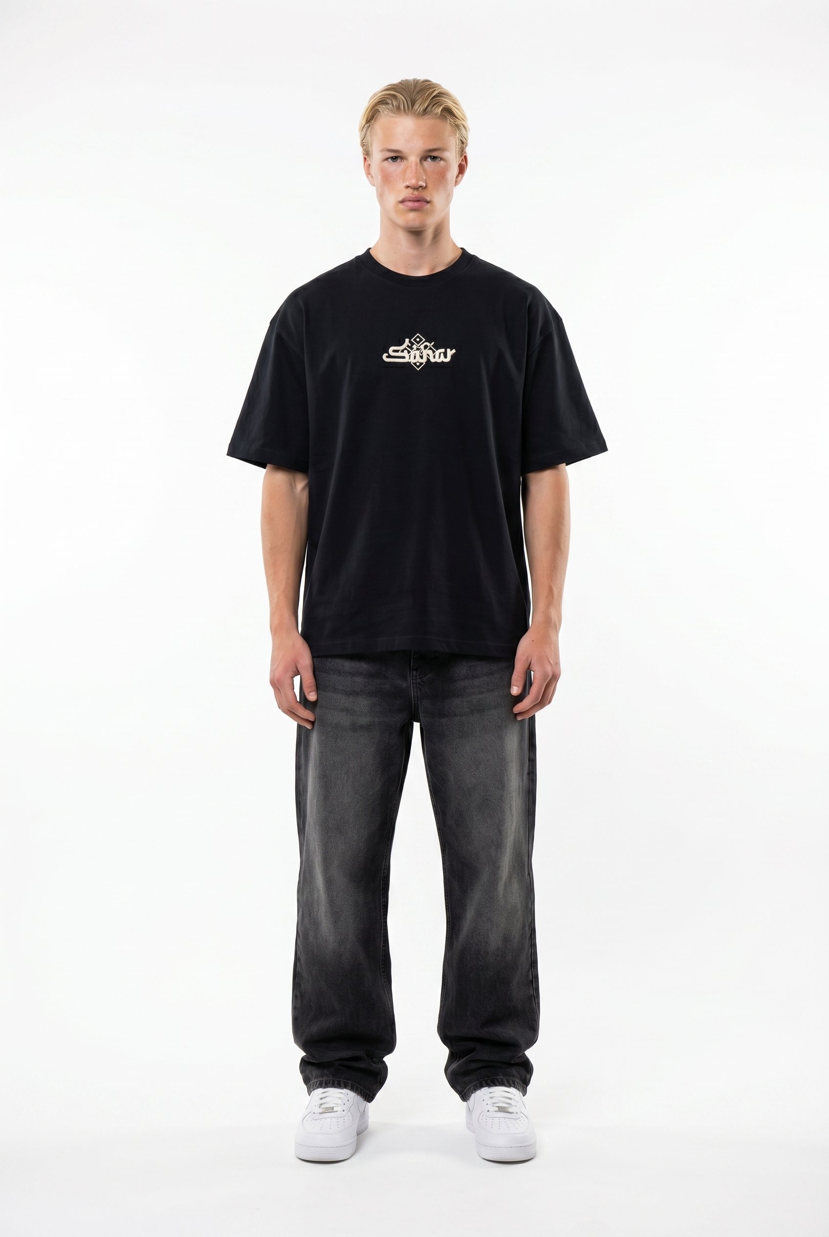 Erkek Sonar Nakış Detaylı Oversize T-Shirt Siyah
