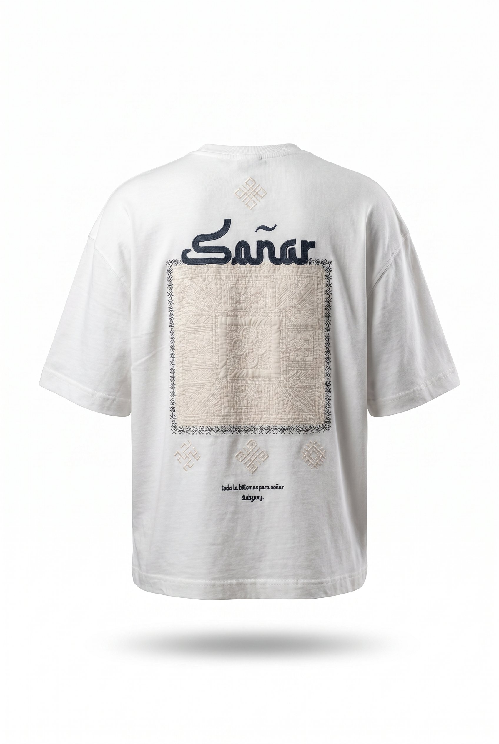 Erkek Sonar Nakış Detaylı Oversize T-Shirt Ekru