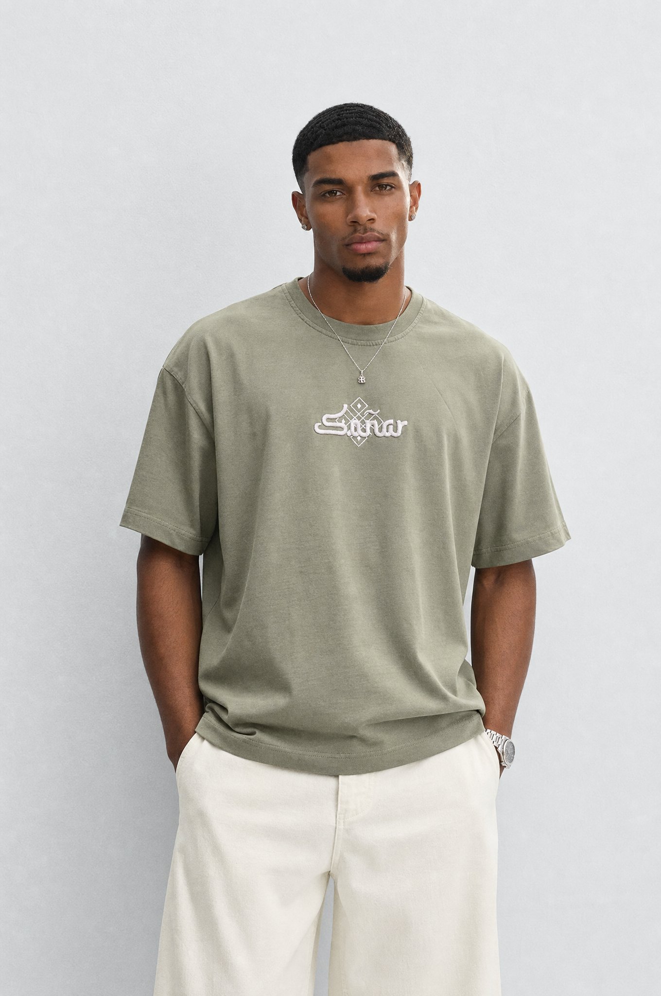 Erkek Sonar Nakış Detaylı Oversize T-Shirt Haki