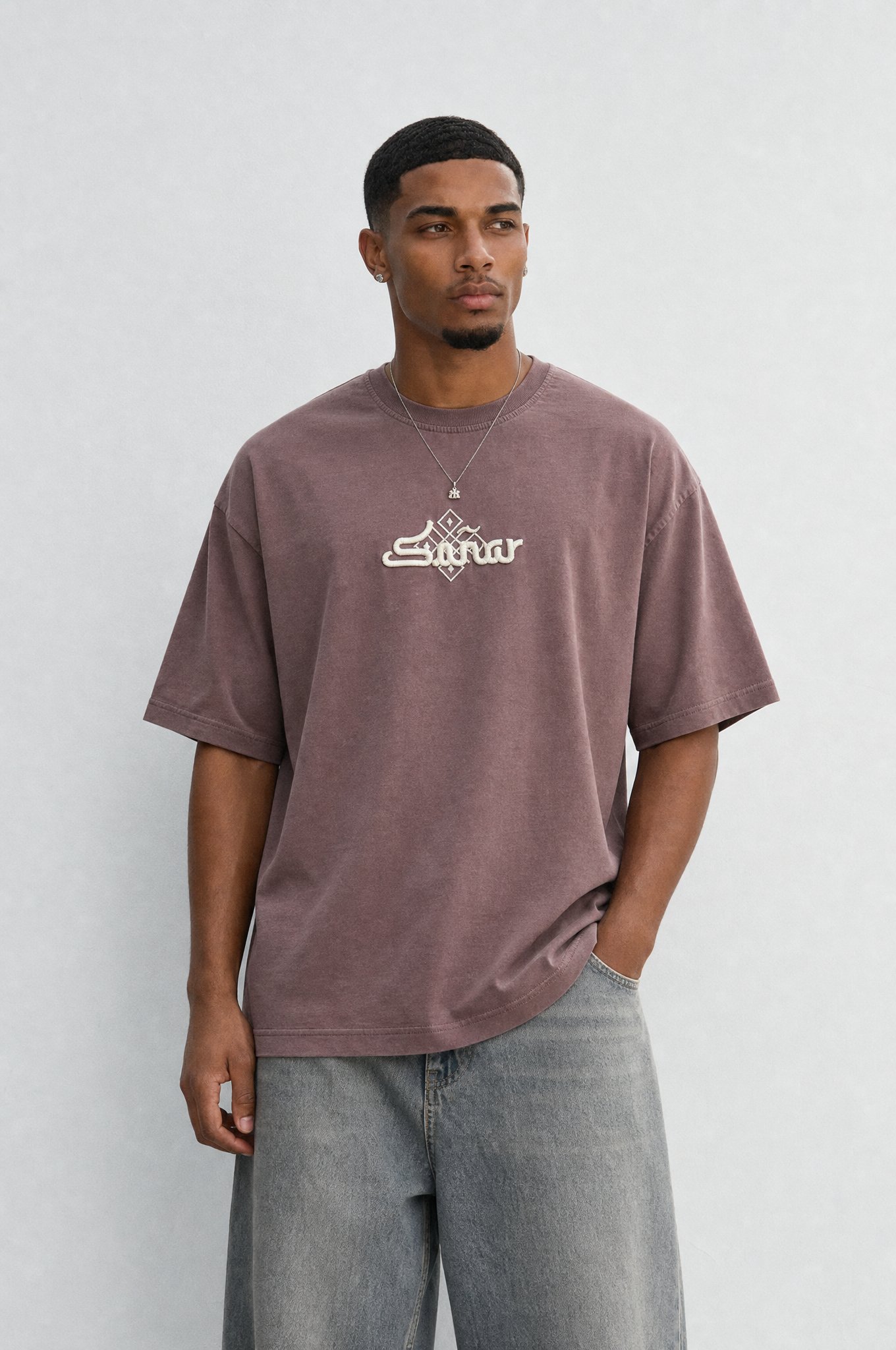 Erkek Sonar Nakış Detaylı Oversize T-Shirt Kahve