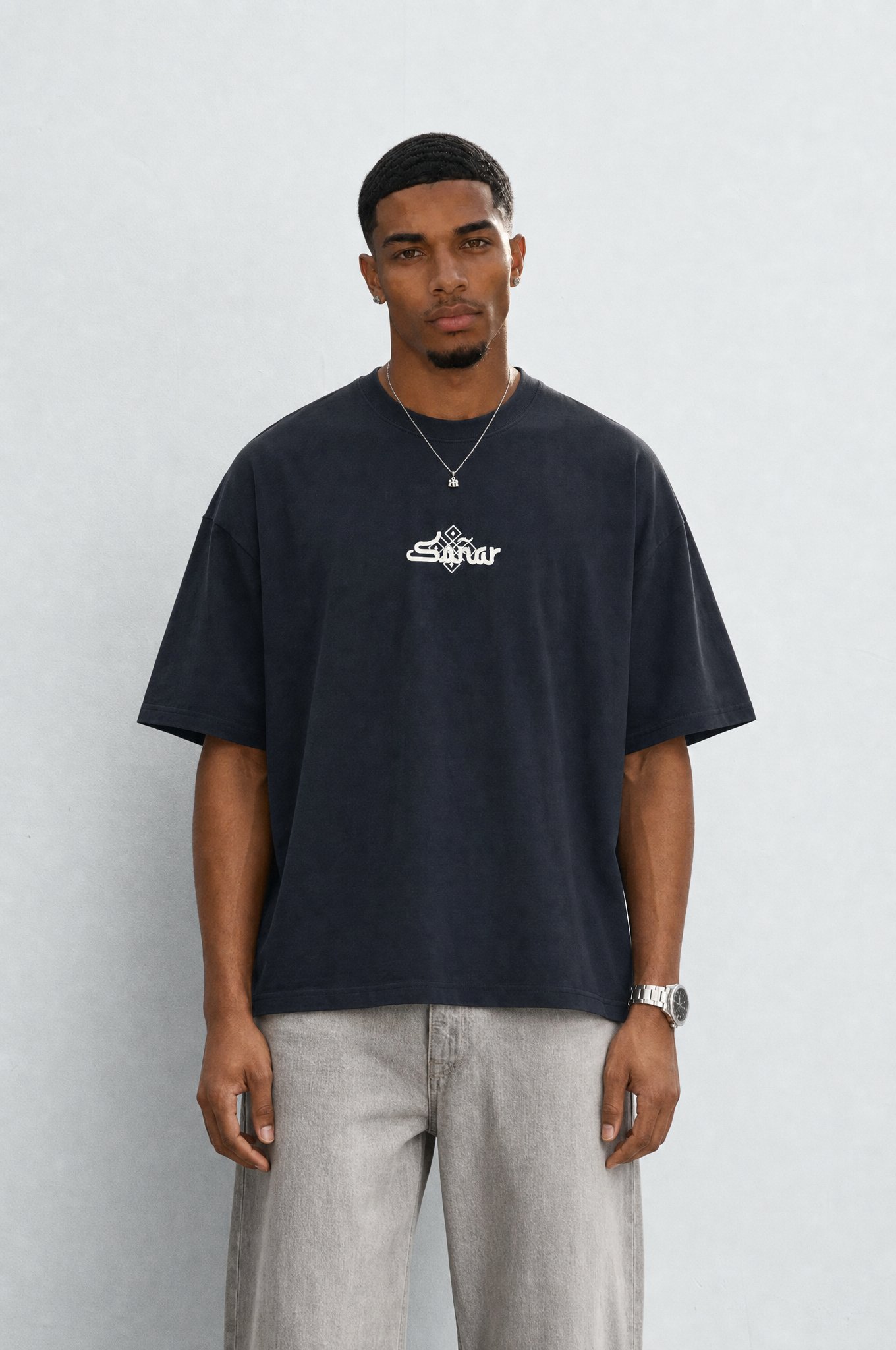 Erkek Sonar Nakış Detaylı Oversize T-Shirt Siyah