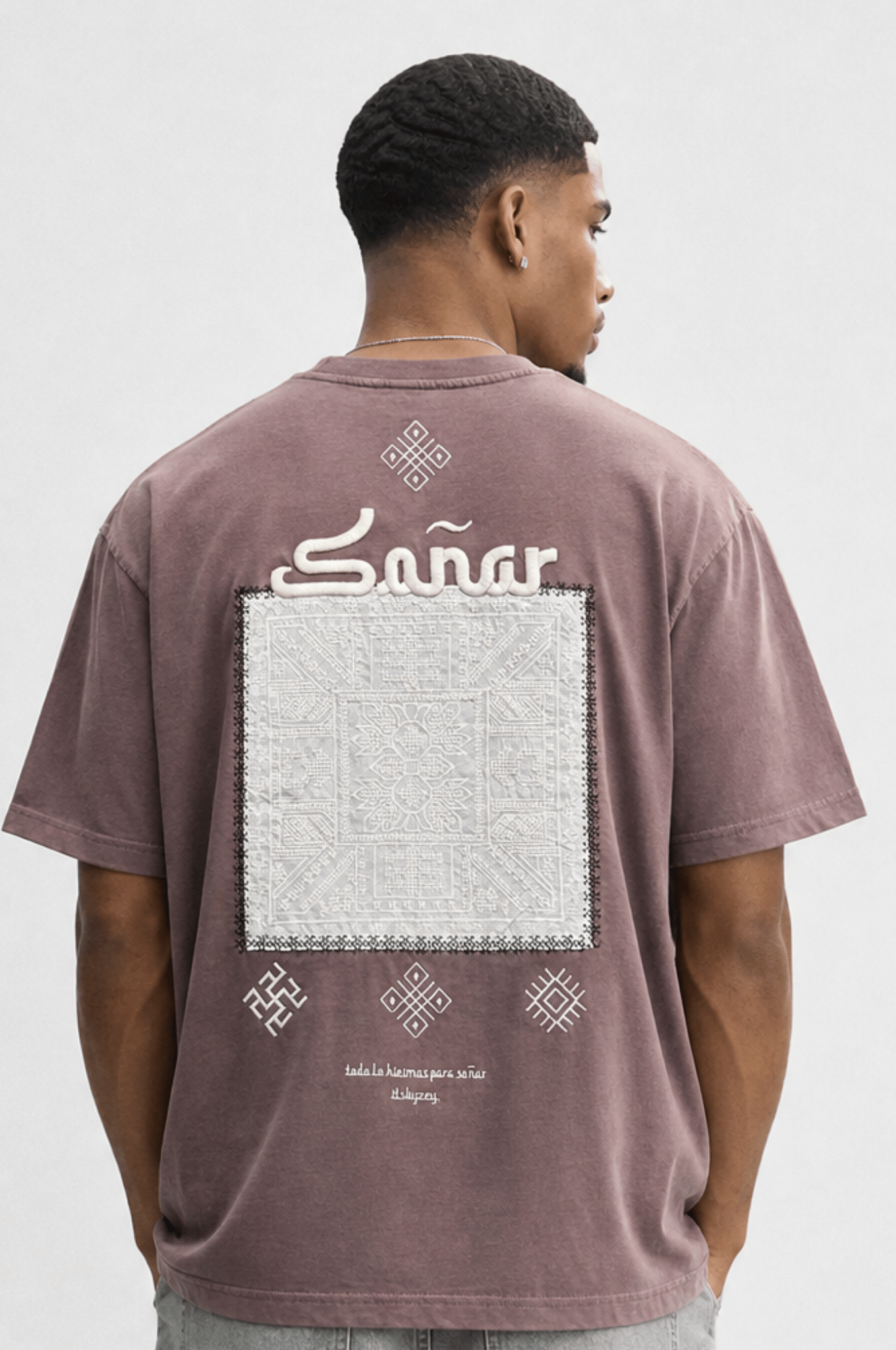 Erkek Sonar Nakış Detaylı Oversize T-Shirt Kahve