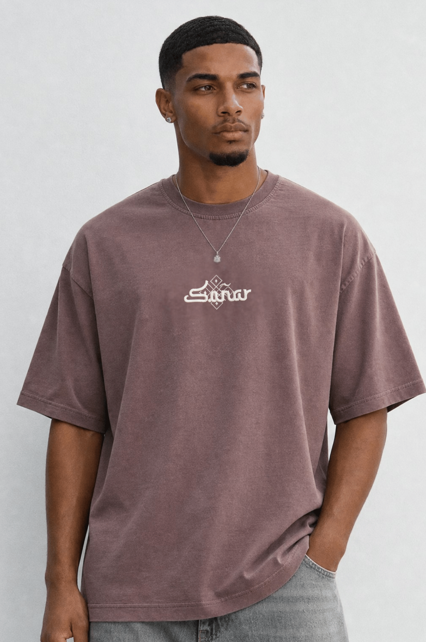 Erkek Sonar Nakış Detaylı Oversize T-Shirt Kahve