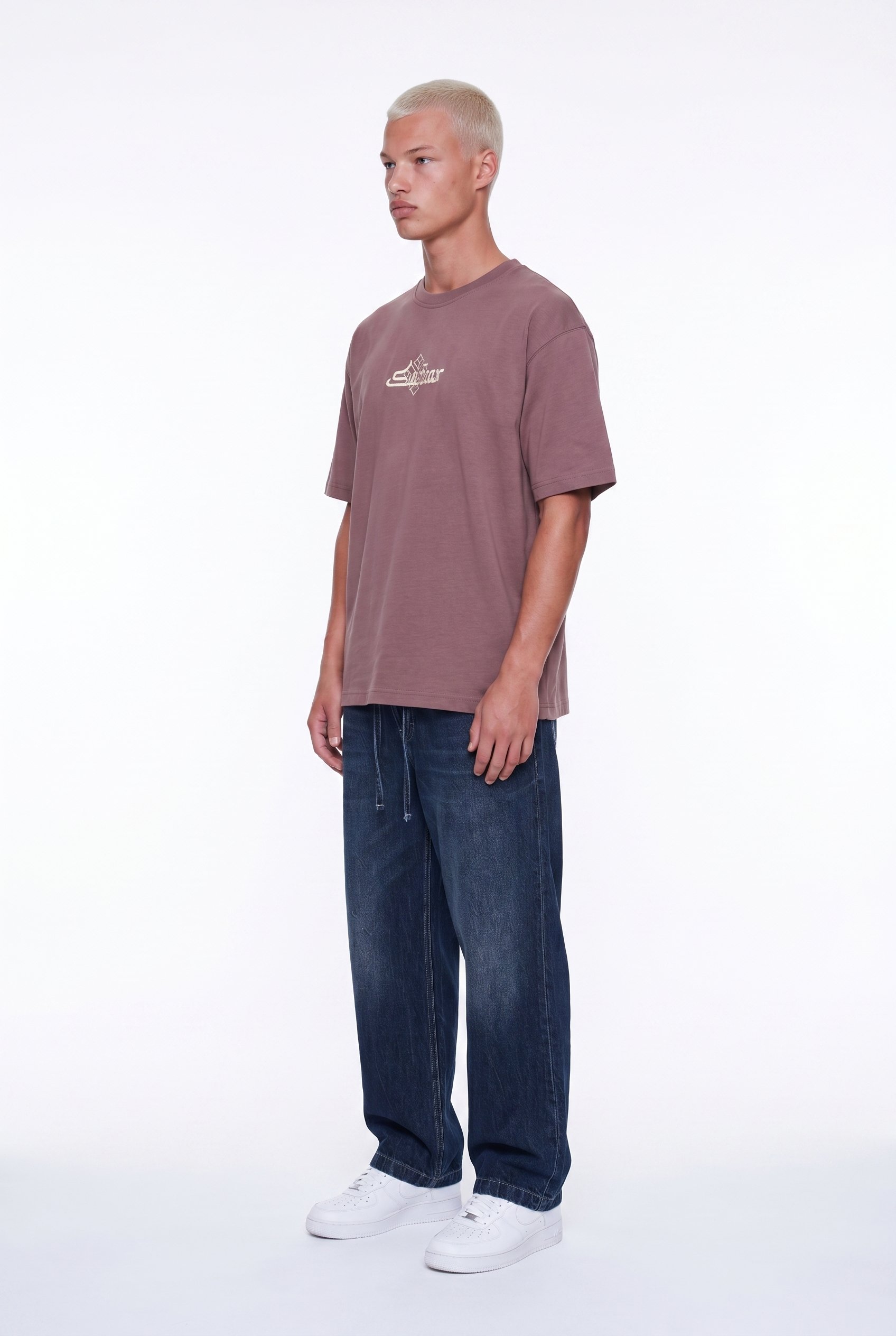 Erkek Sonar Nakış Detaylı Oversize T-Shirt Kahve