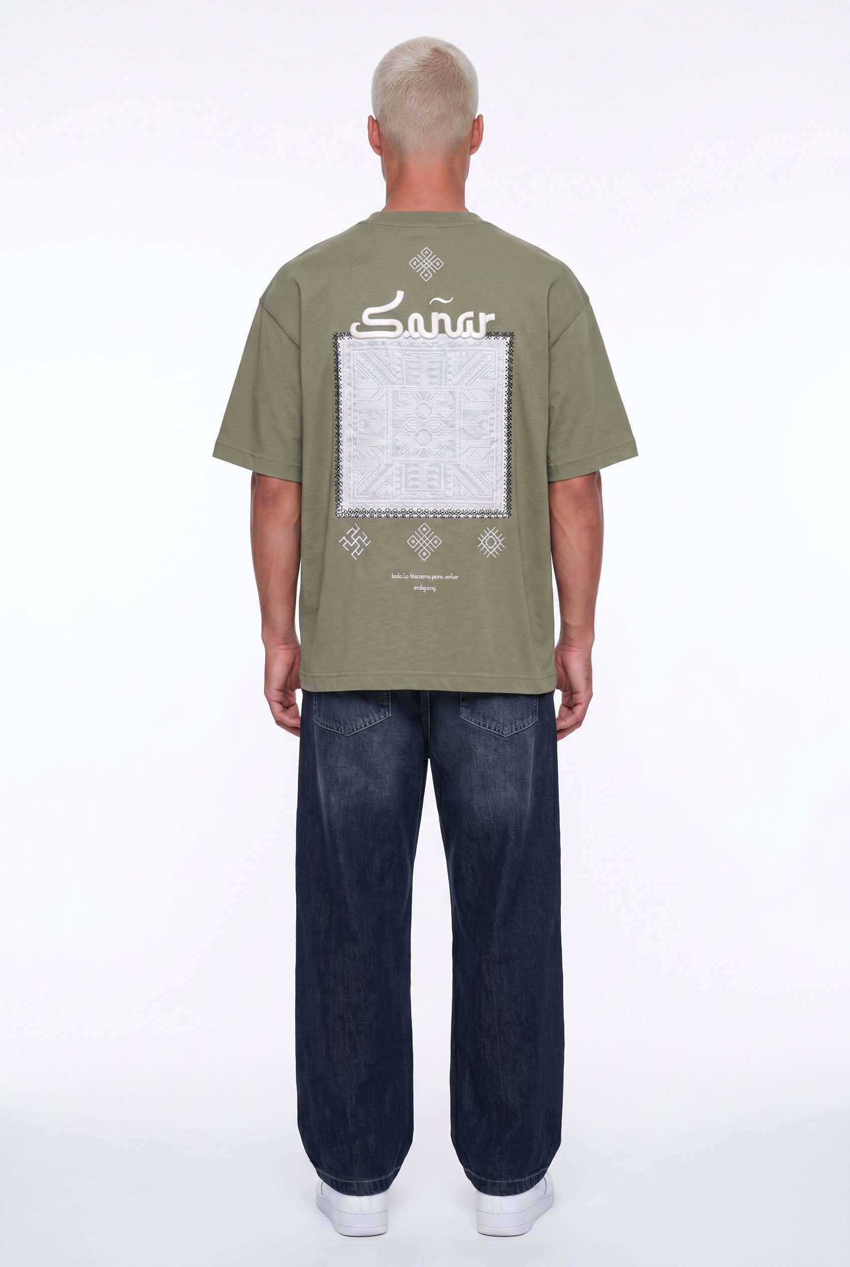 Erkek Sonar Nakış Detaylı Oversize T-Shirt Haki