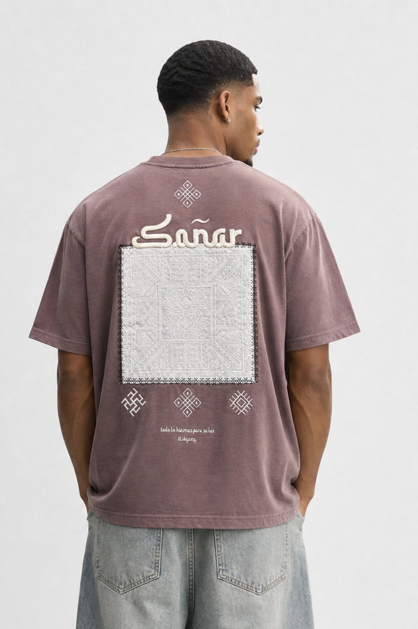 Erkek Sonar Nakış Detaylı Oversize T-Shirt Kahve