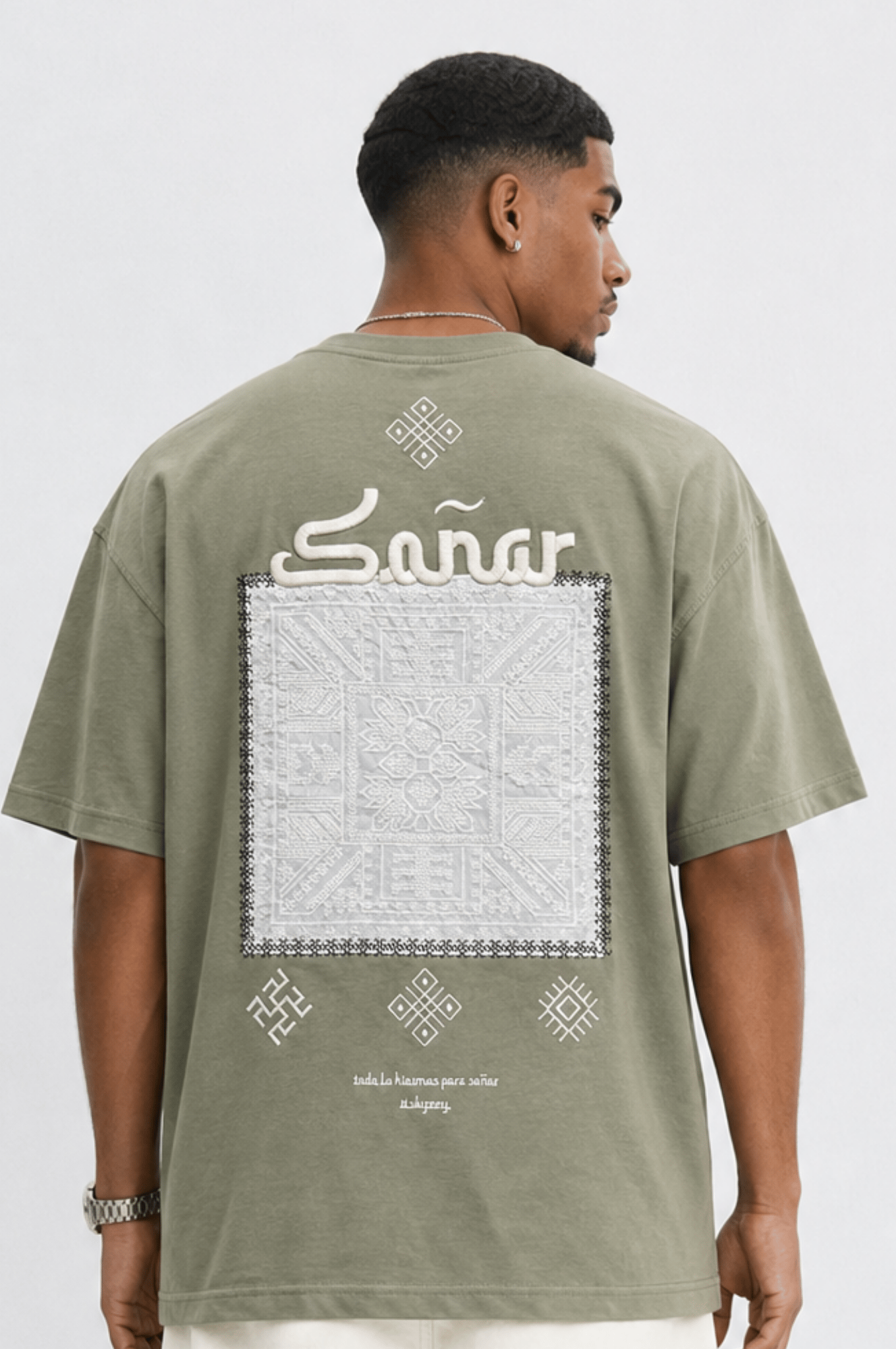 Erkek Sonar Nakış Detaylı Oversize T-Shirt Haki