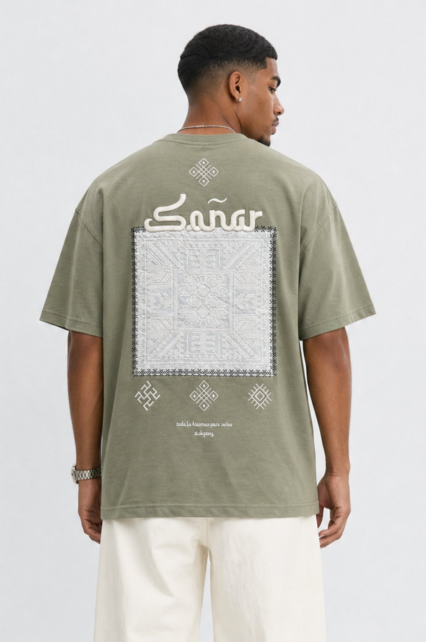 Erkek Sonar Nakış Detaylı Oversize T-Shirt Haki