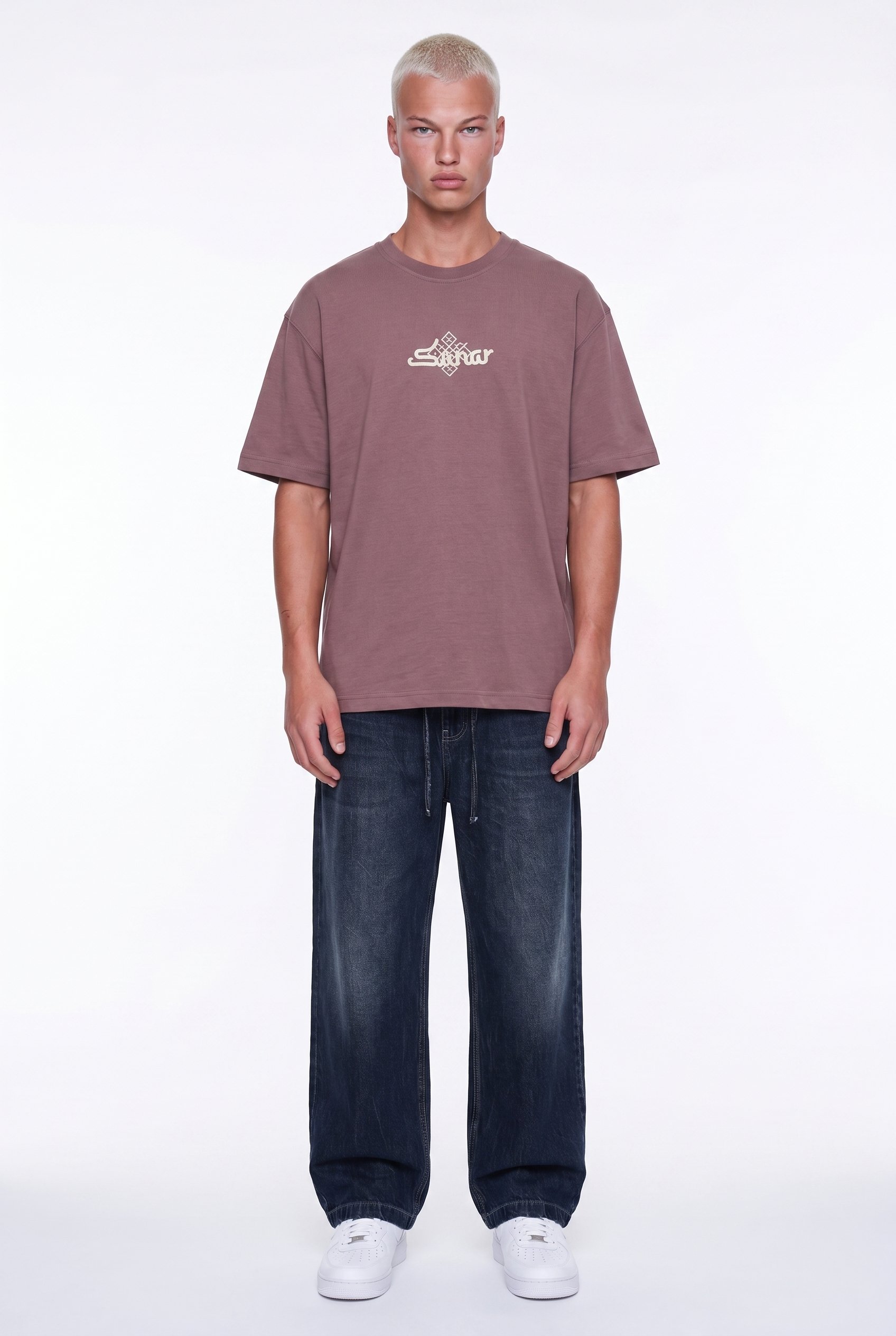 Erkek Sonar Nakış Detaylı Oversize T-Shirt Kahve