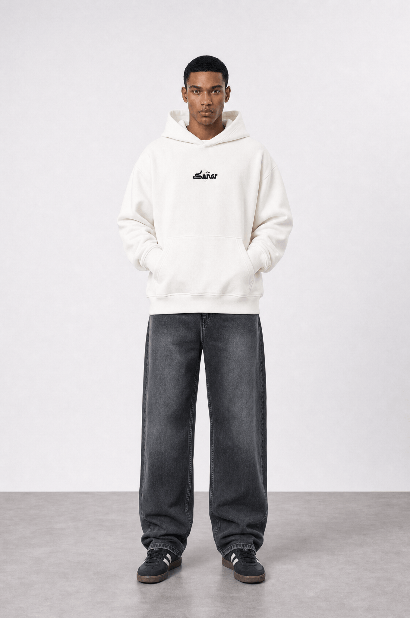 Erkek Sonar Nakışlı Oversize Hoodie Ekru