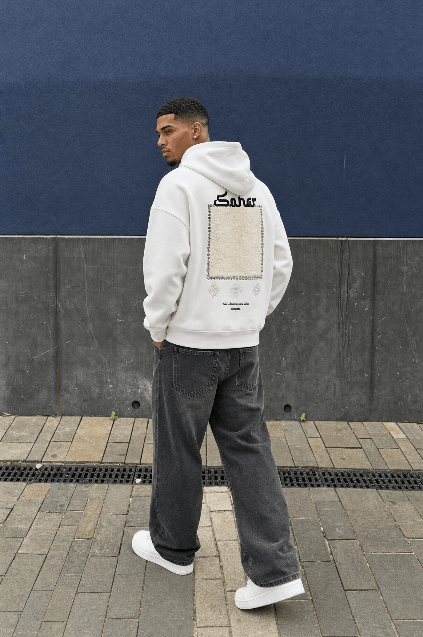 Erkek Sonar Nakışlı Oversize Hoodie Ekru