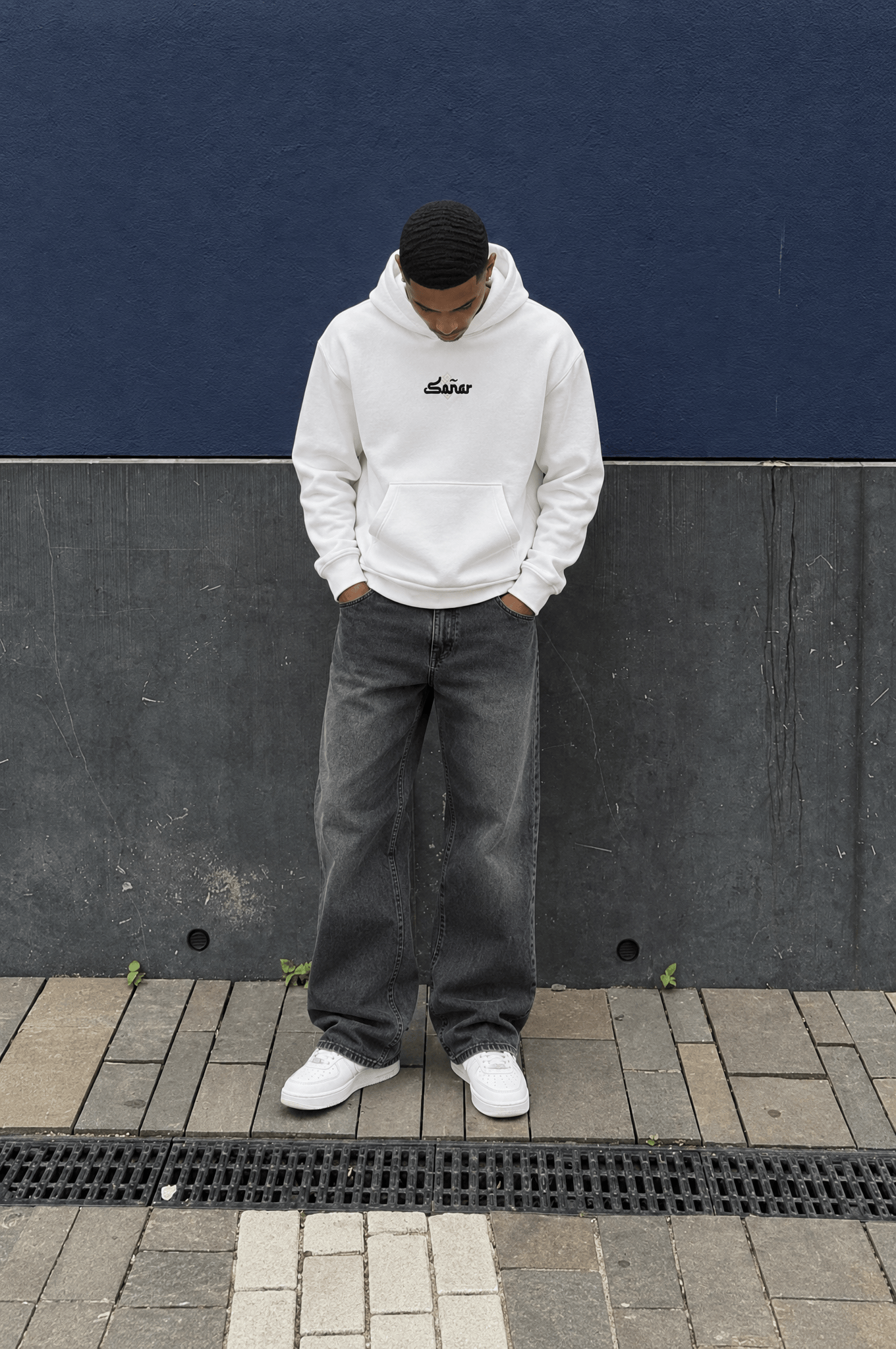 Erkek Sonar Nakışlı Oversize Hoodie Ekru