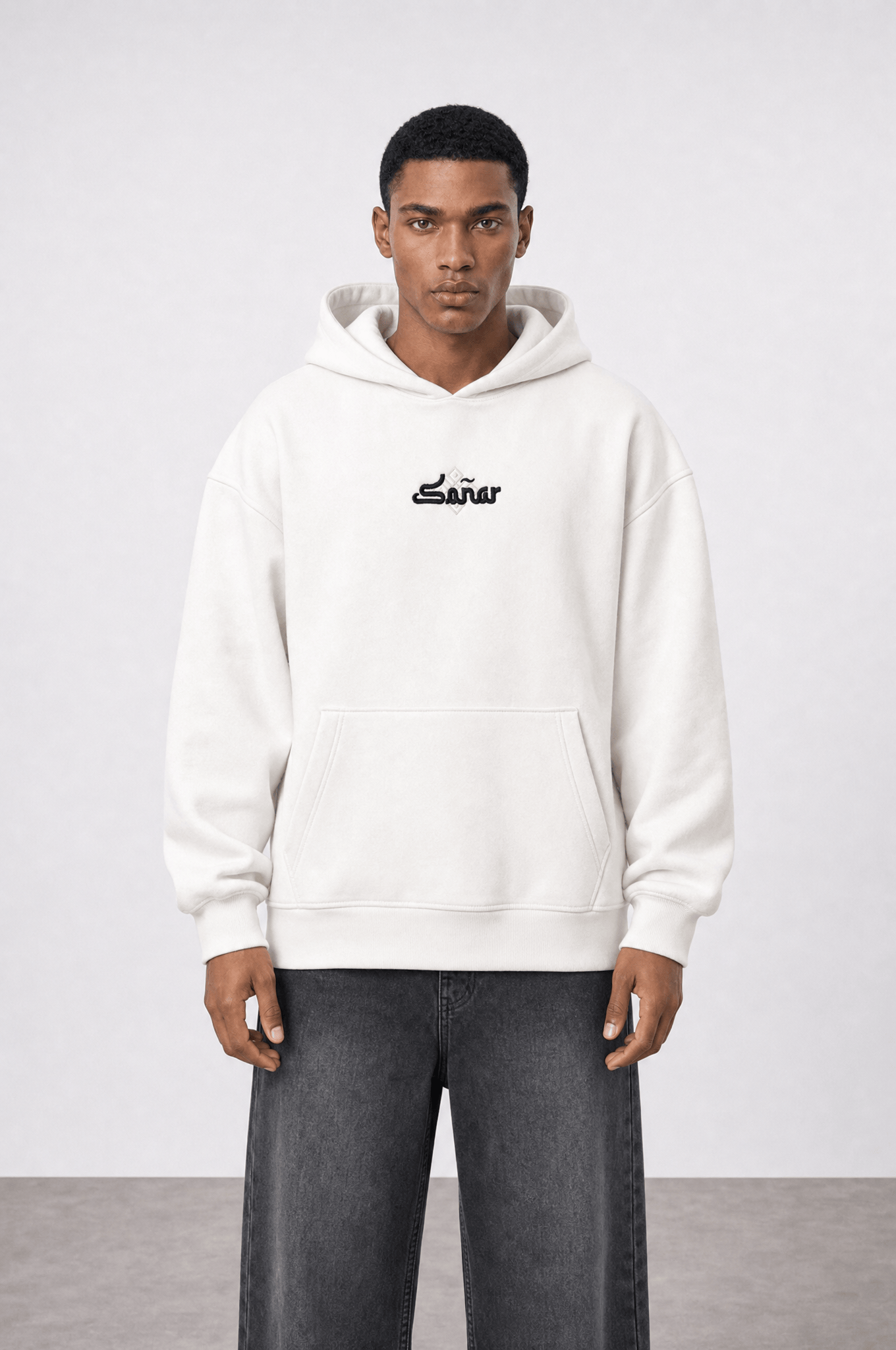 Erkek Sonar Nakışlı Oversize Hoodie Ekru