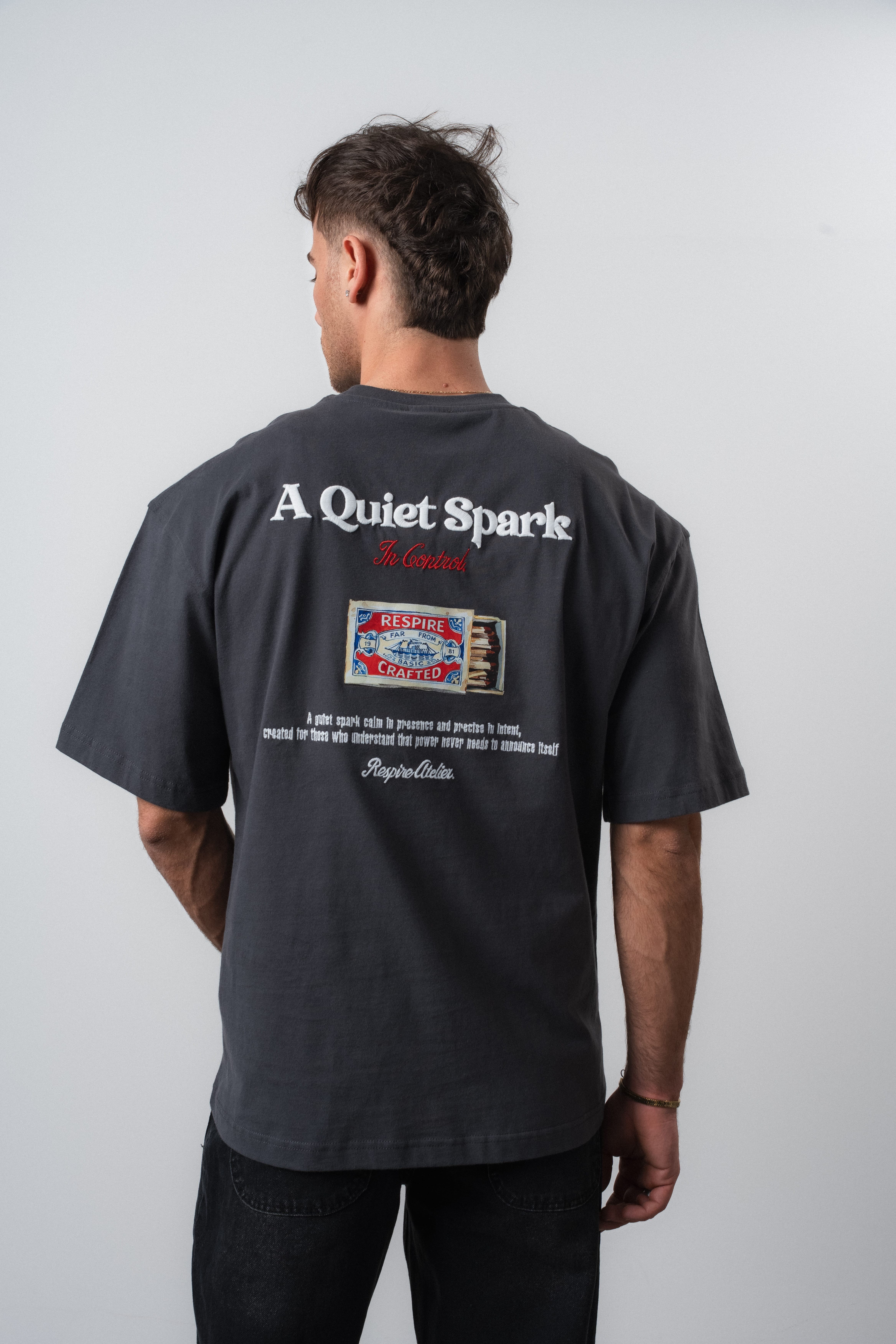 Erkek Spark Nakışlı Oversize T-Shirt Füme