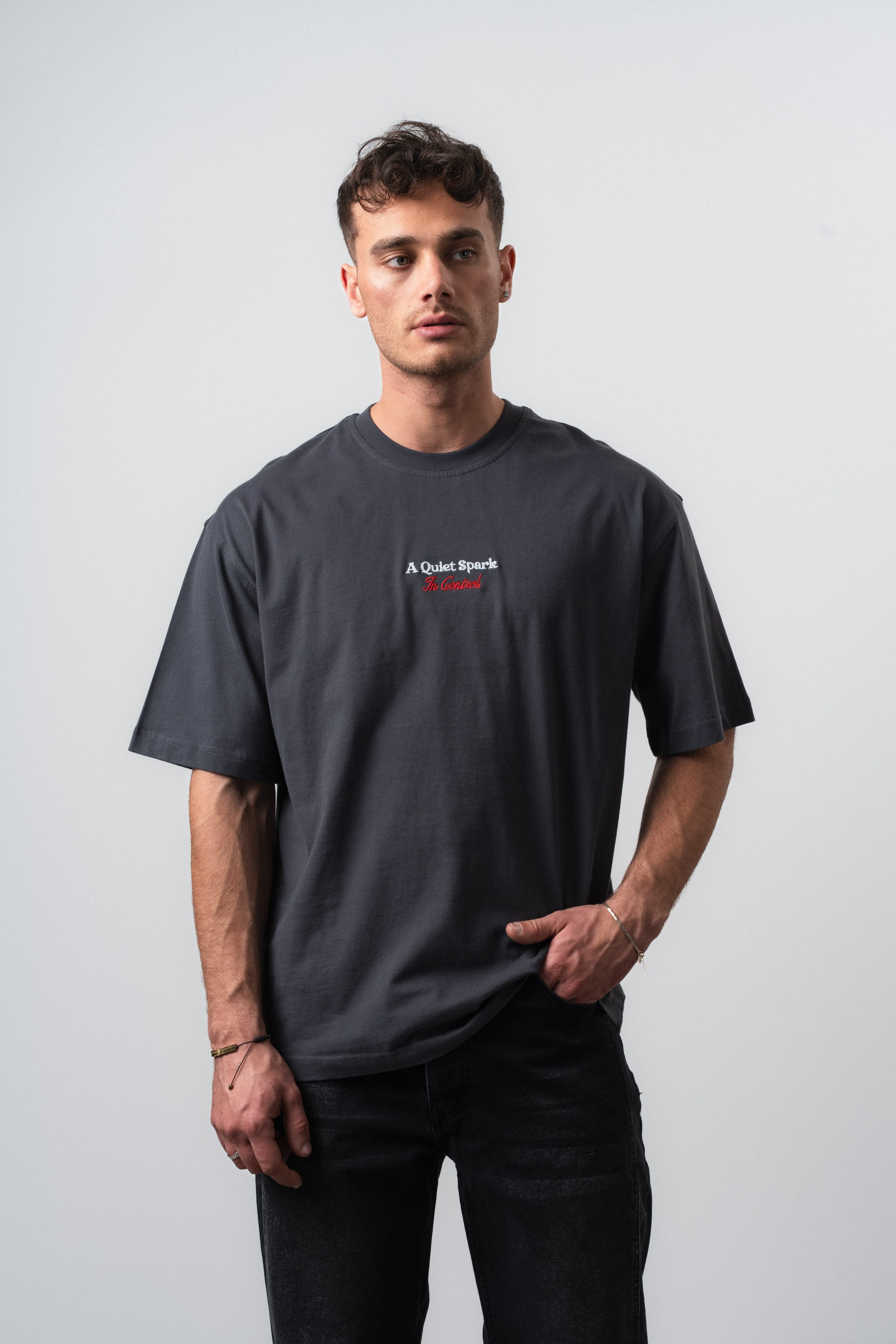 Erkek Spark Nakışlı Oversize T-Shirt Füme