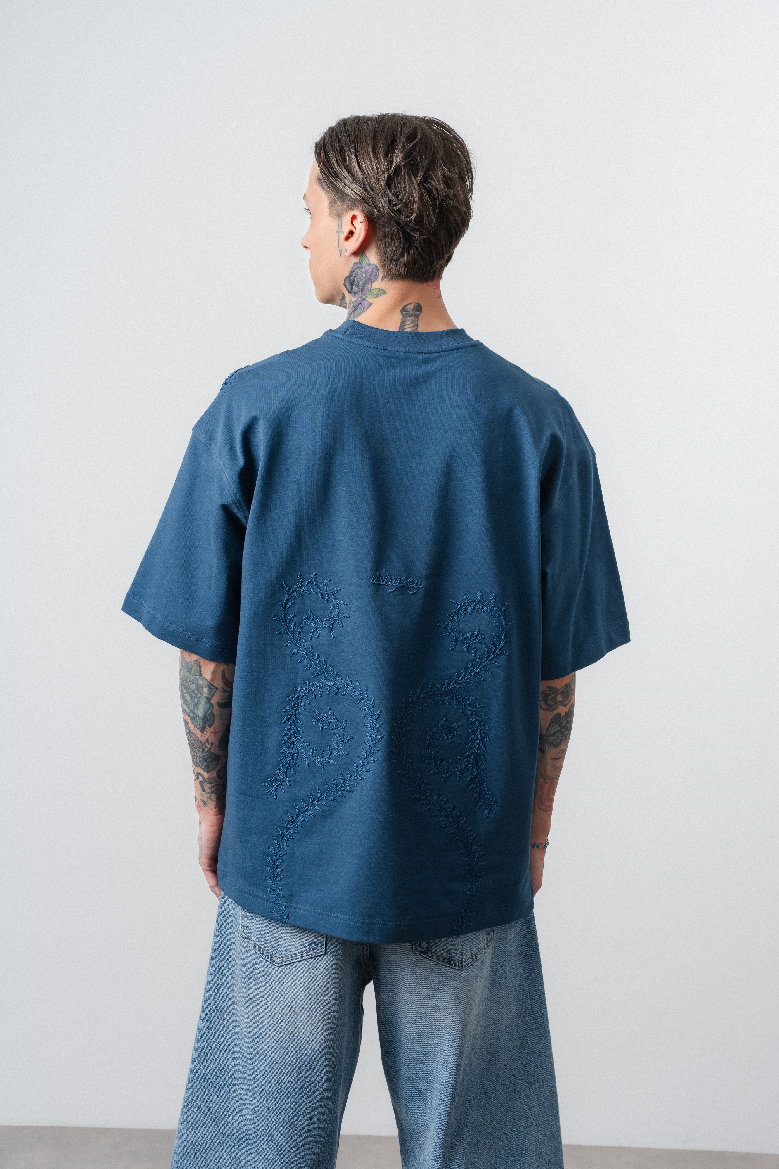 Erkek Spiral Nakış Detaylı Oversize T-Shirt Lacivert
