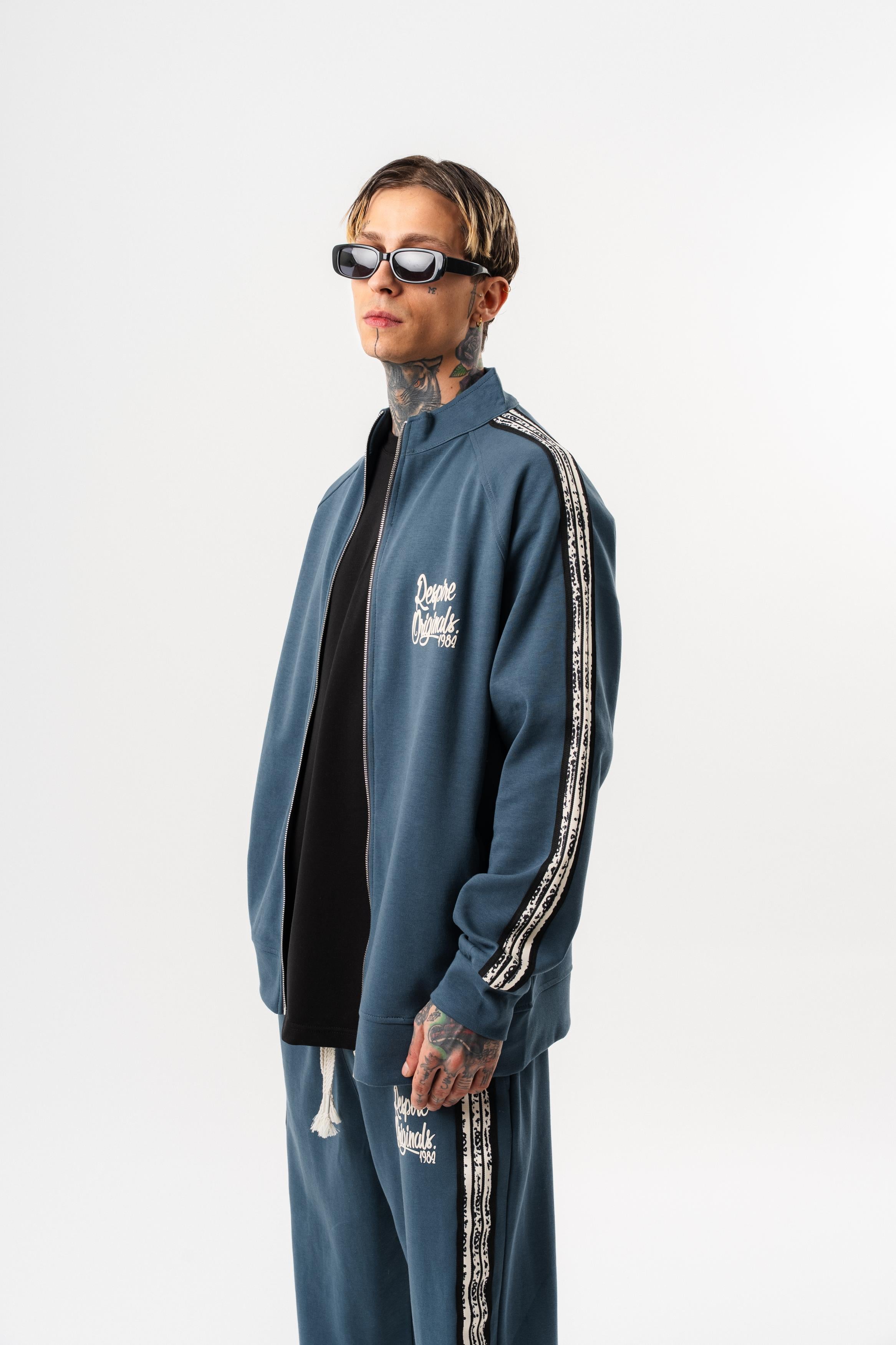 Erkek Splash Şerit Detaylı Dik Yaka Doubleface Zip Oversize Sweatshirt Petrol