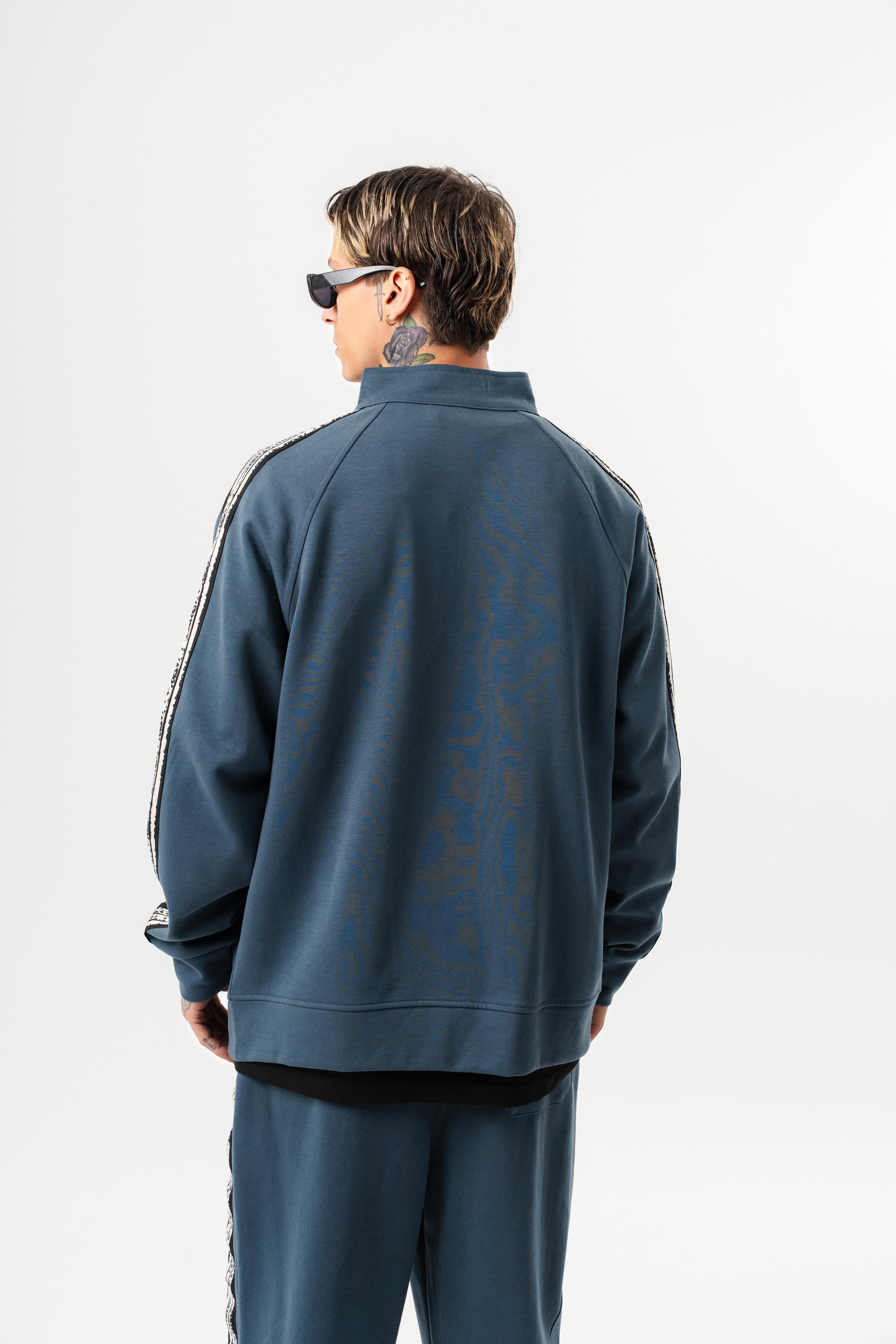 Erkek Splash Şerit Detaylı Dik Yaka Doubleface Zip Oversize Sweatshirt Petrol