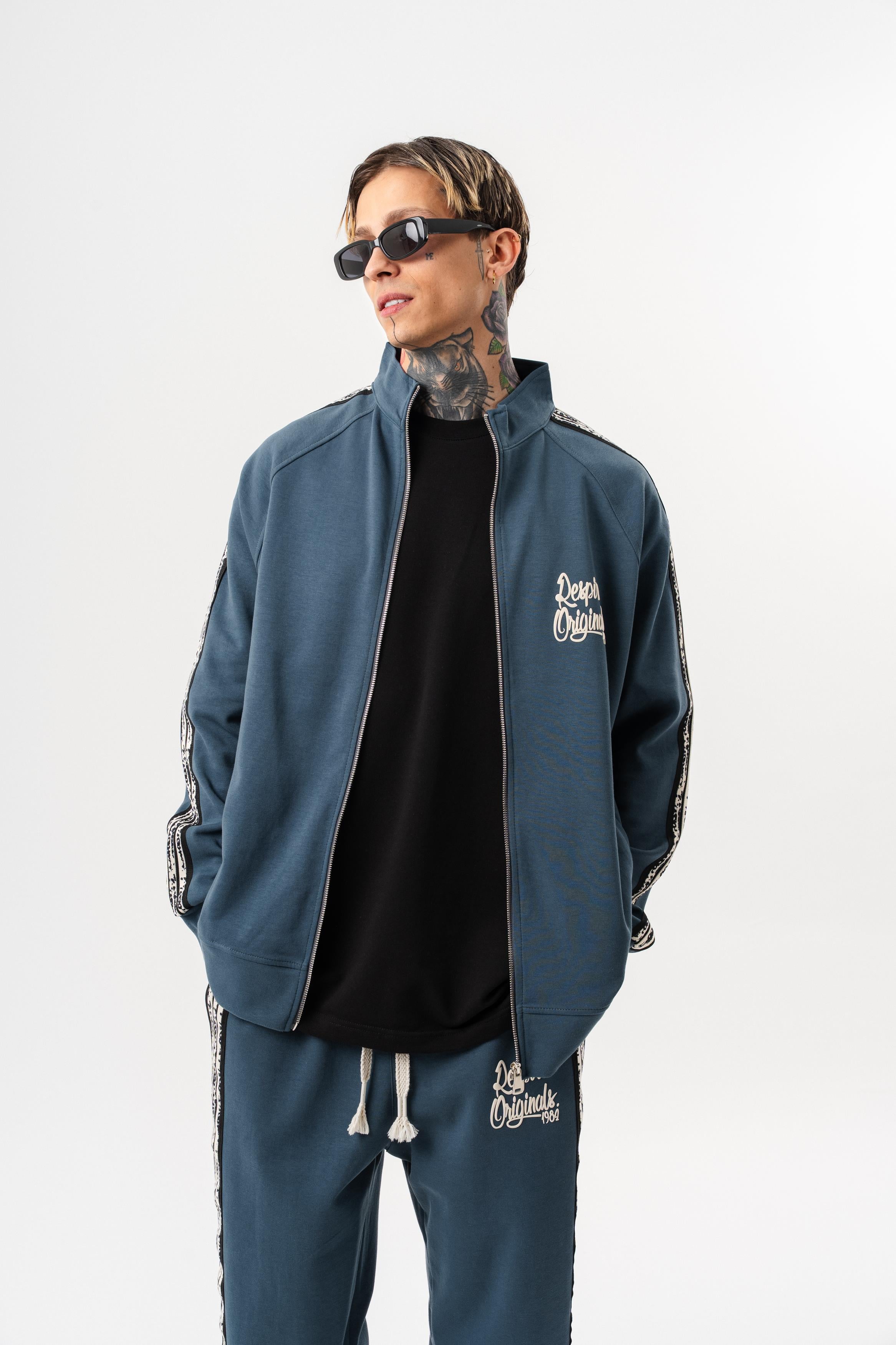 Erkek Splash Şerit Detaylı Dik Yaka Doubleface Zip Oversize Sweatshirt Petrol