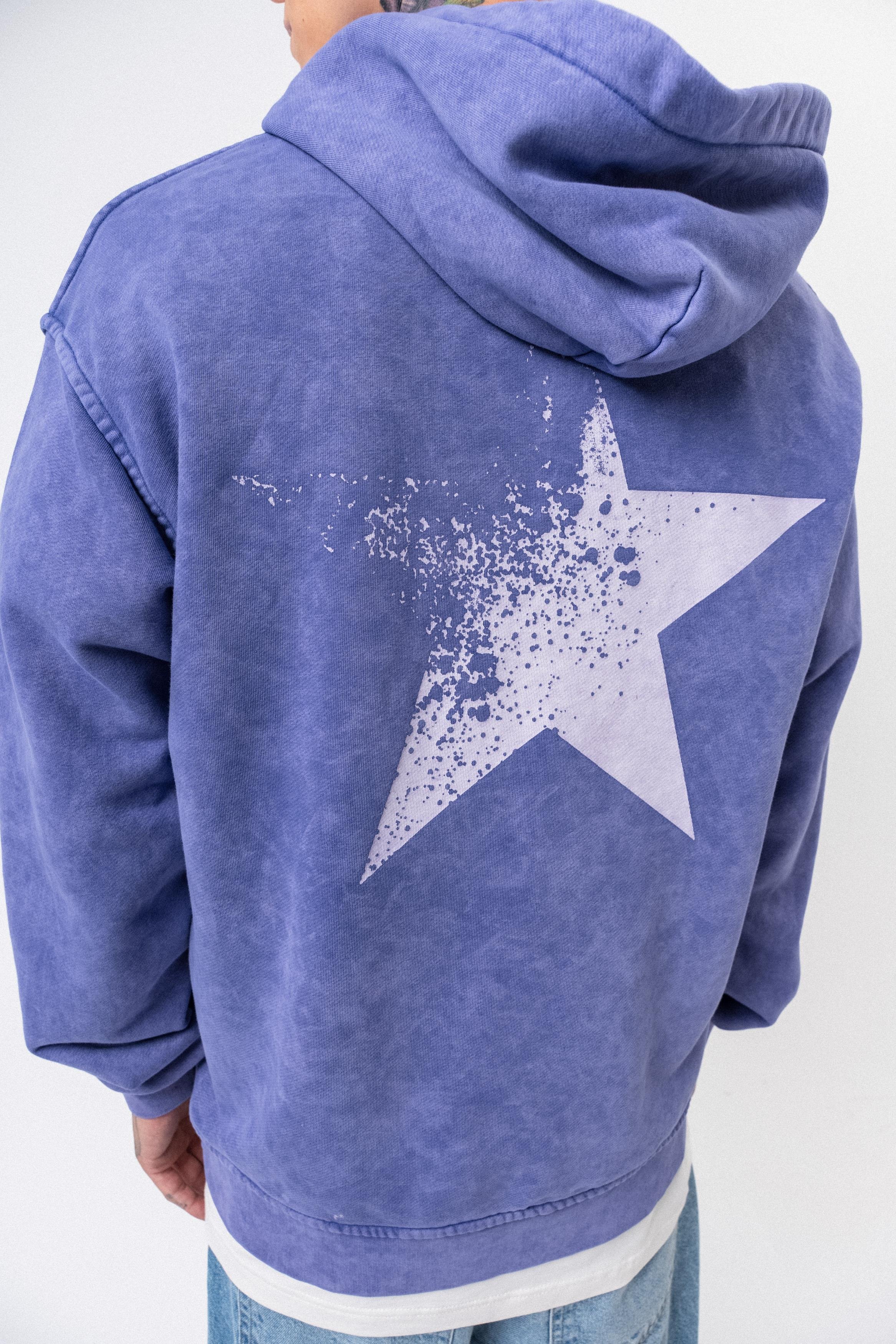 Erkek Star Baskılı Yıkamalı Kapüşonlu Oversize Hoodie Mor