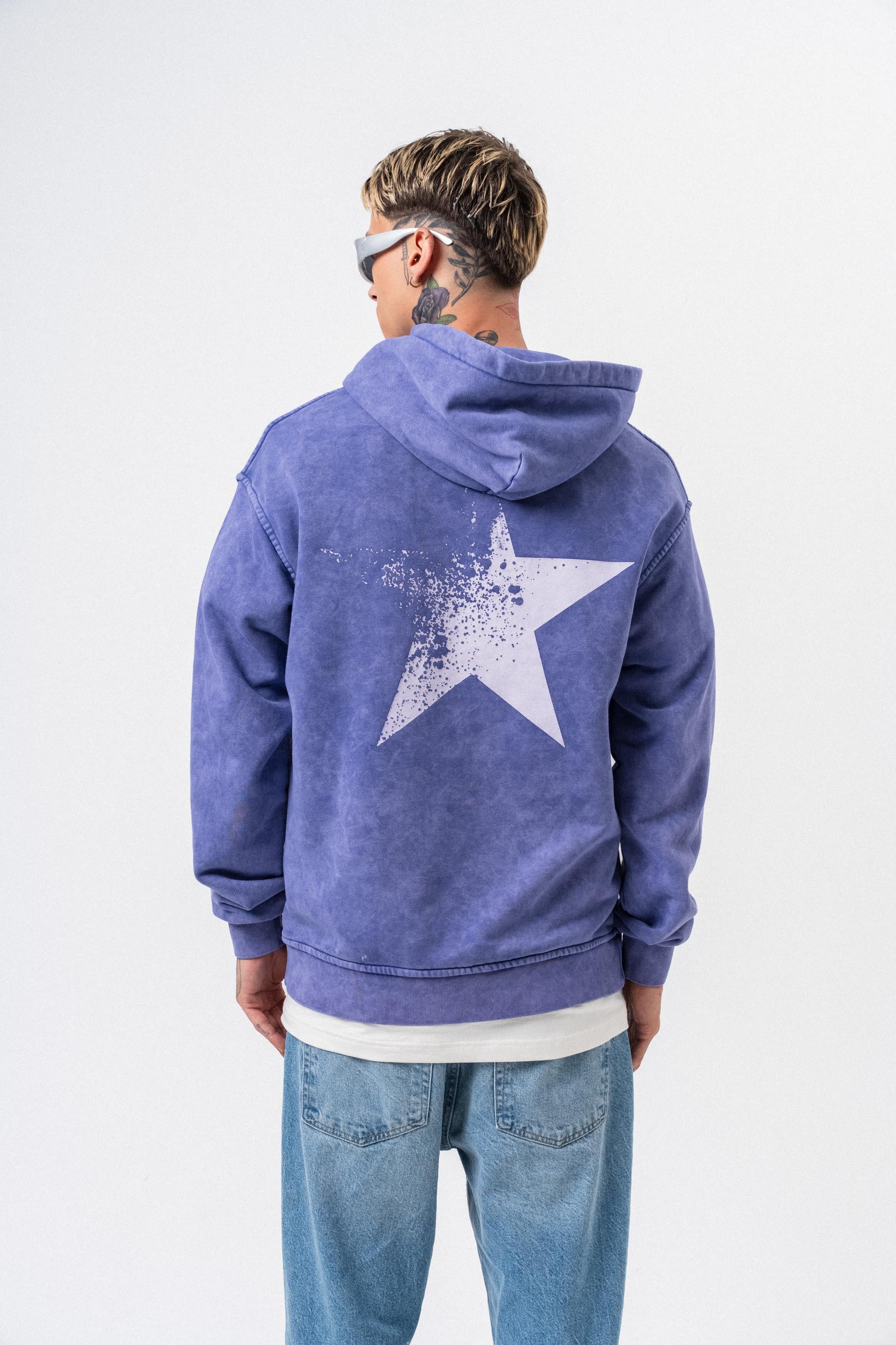 Erkek Star Baskılı Yıkamalı Kapüşonlu Oversize Hoodie Mor