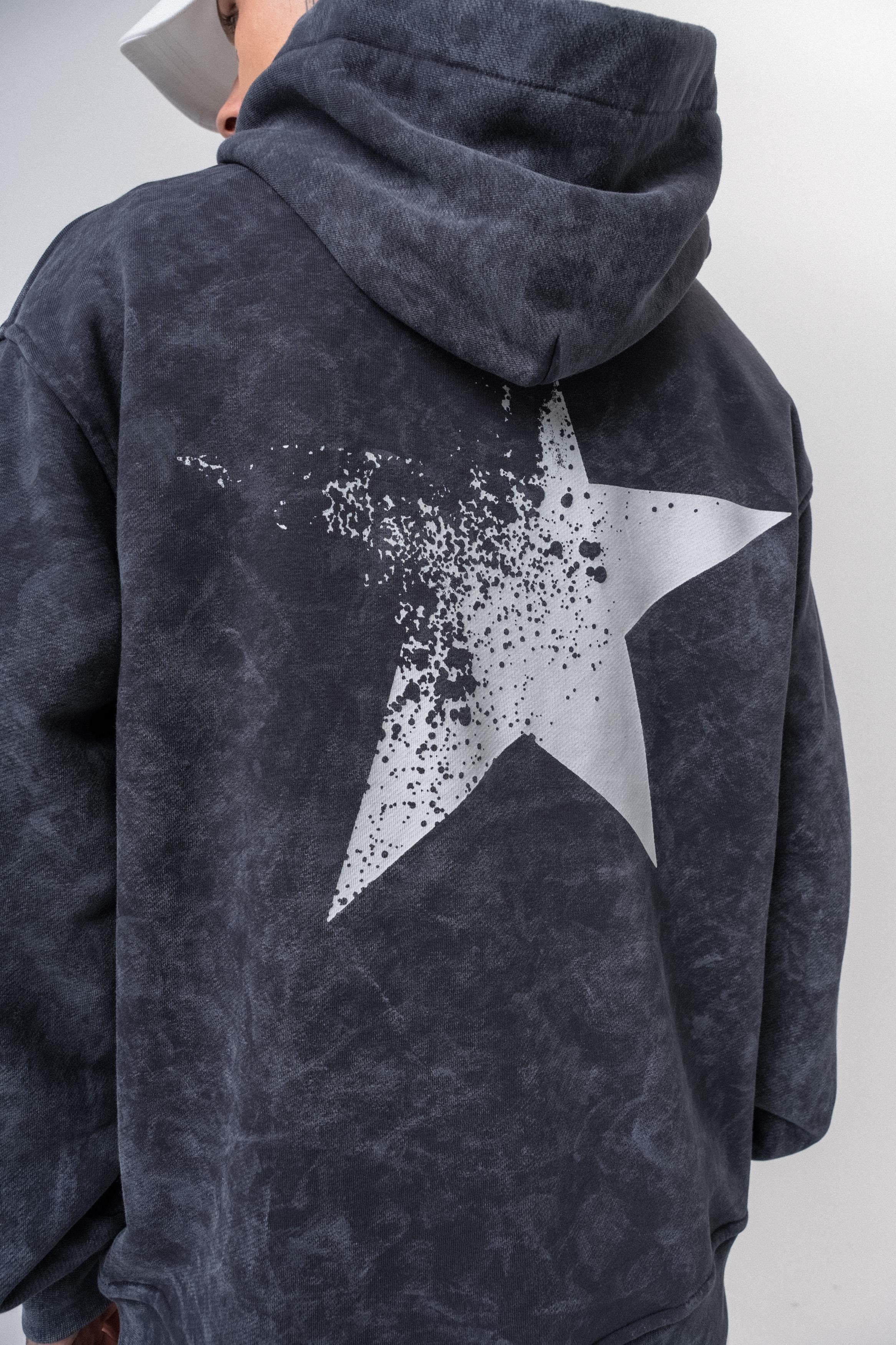 Erkek Star Baskılı Yıkamalı Kapüşonlu Oversize Hoodie Siyah