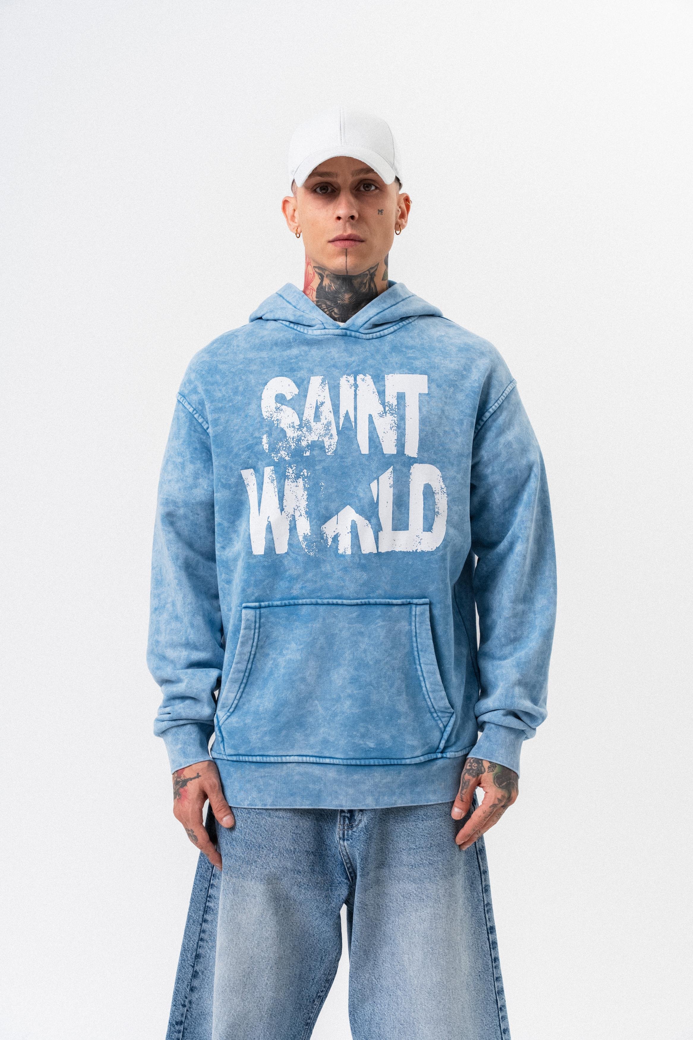 Erkek Star Baskılı Yıkamalı Kapüşonlu Oversize Hoodie Mavi