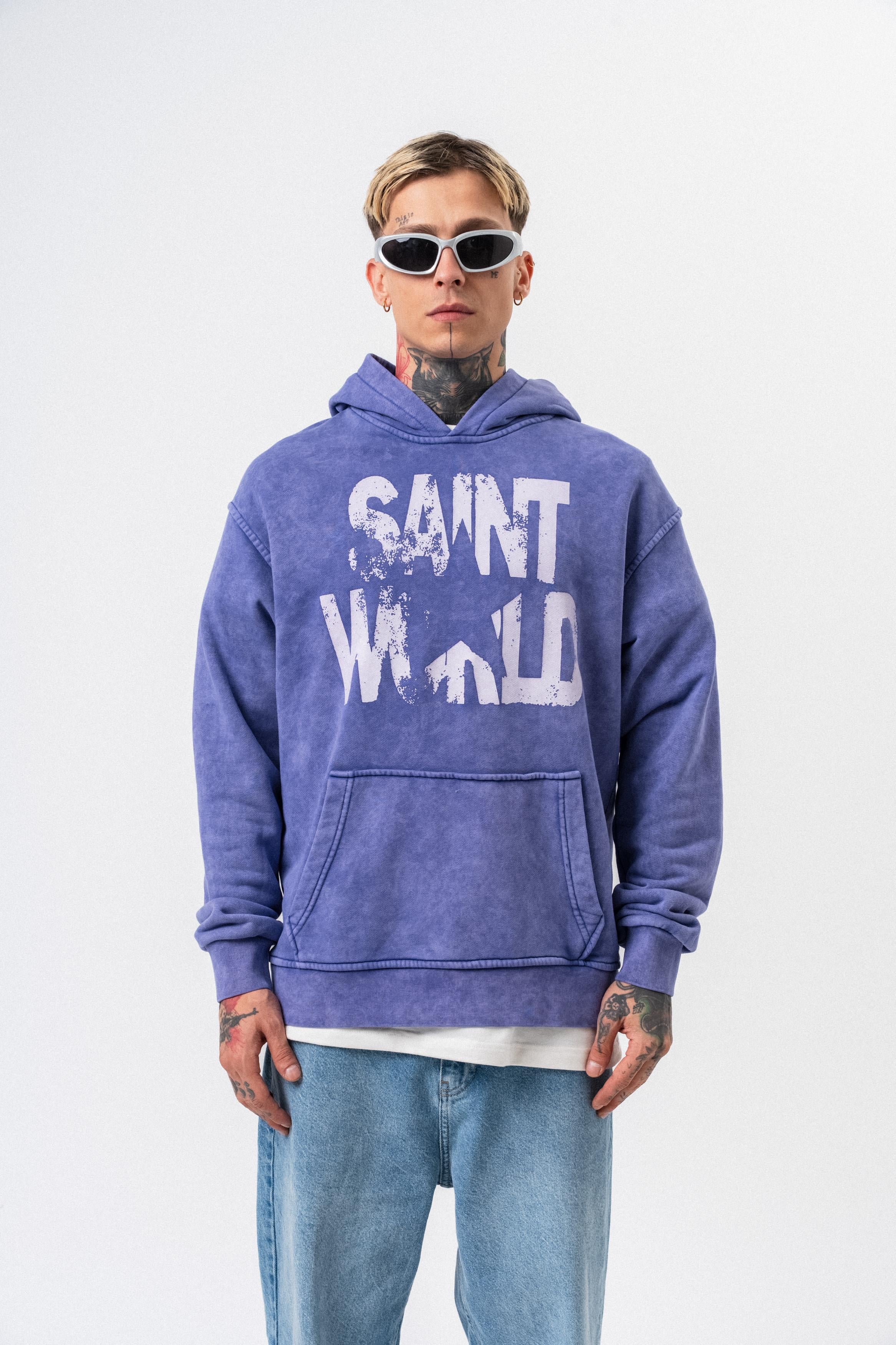 Erkek Star Baskılı Yıkamalı Kapüşonlu Oversize Hoodie Mor
