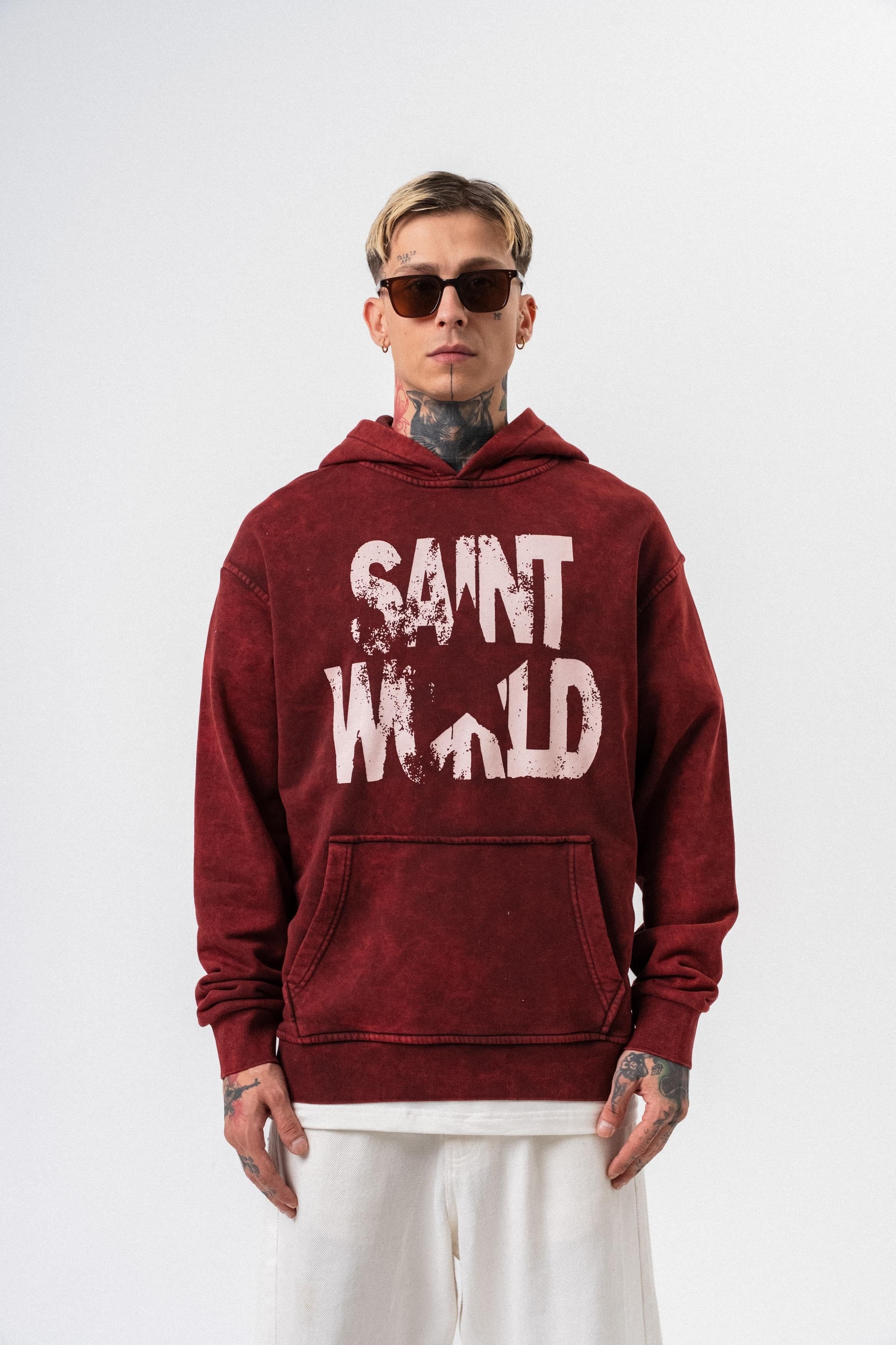 Erkek Star Baskılı Yıkamalı Kapüşonlu Oversize Hoodie Bordo