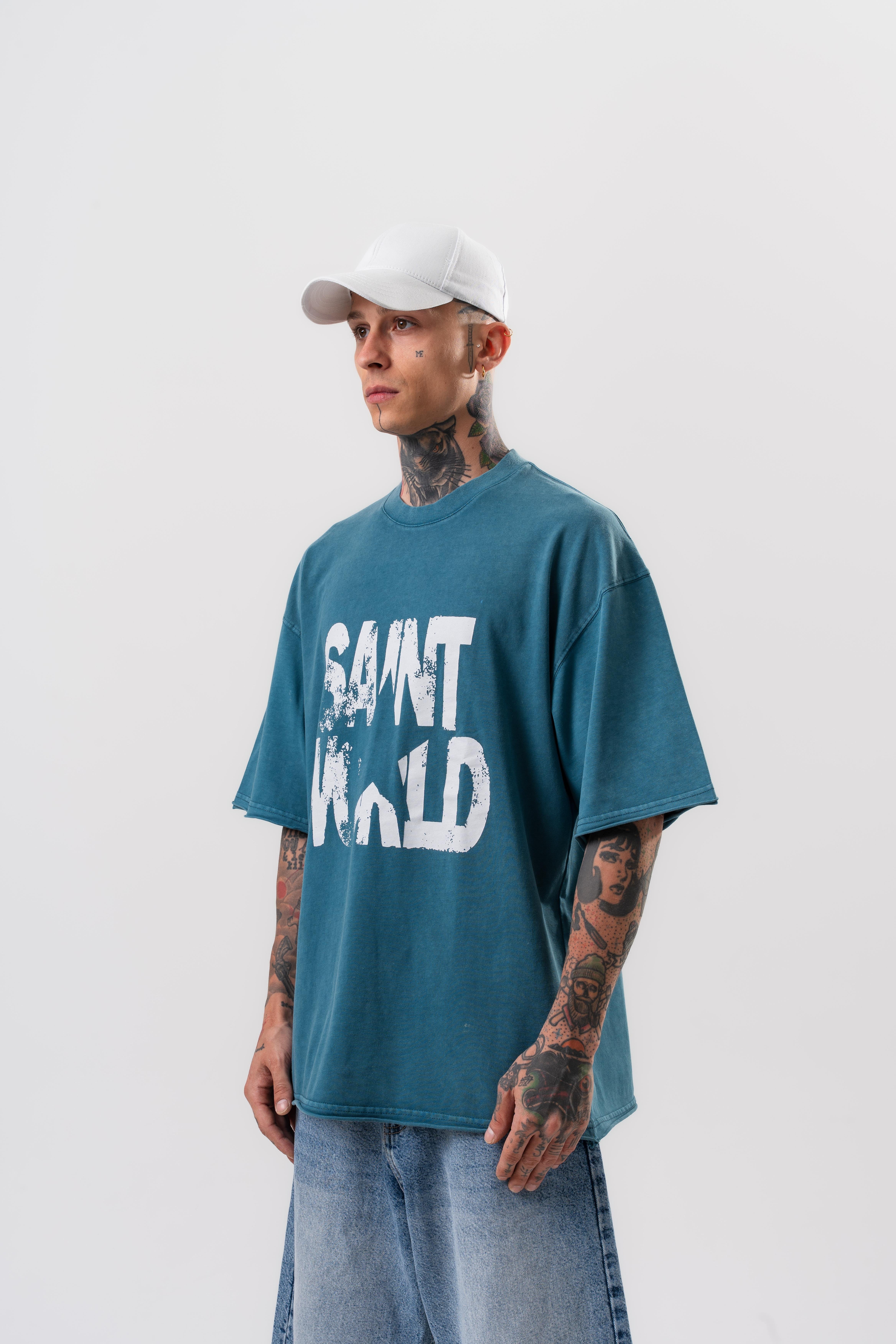 Erkek Star Baskılı Yıkamalı Oversize T-Shirt Petrol