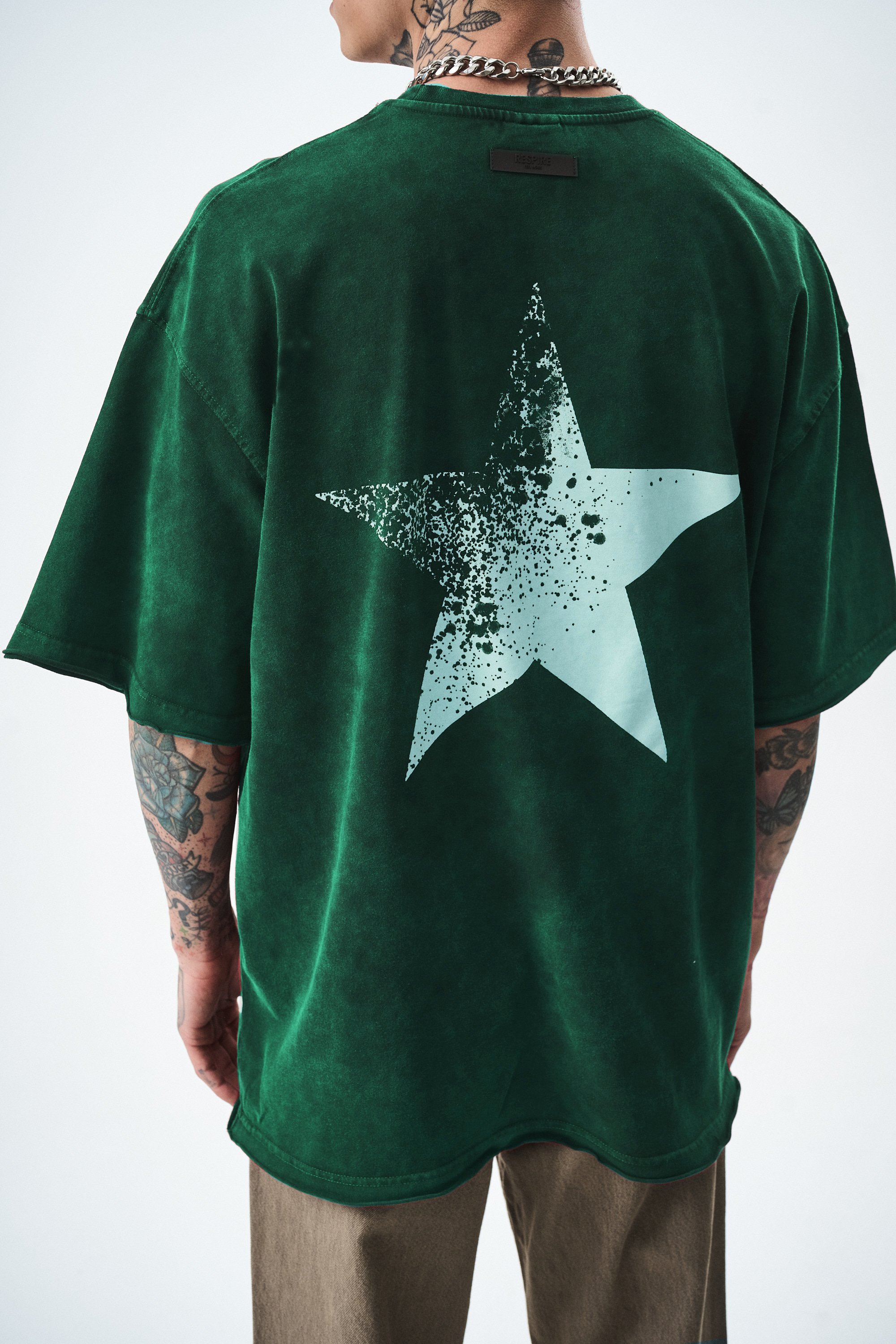 Erkek Star Baskılı Yıkamalı Oversize T-Shirt Yeşil