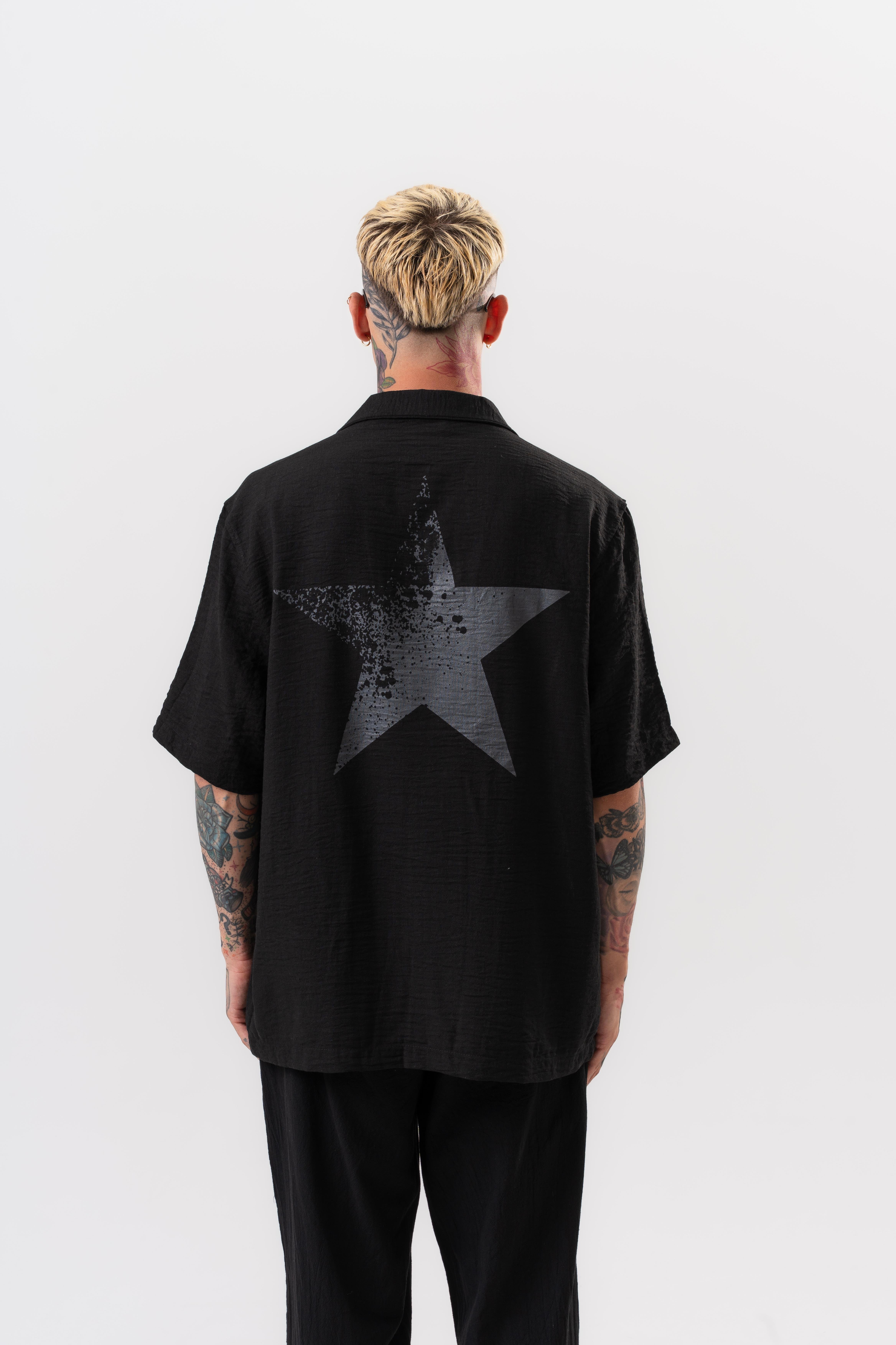 Erkek Star Nakışlı Oversize Gömlek Siyah