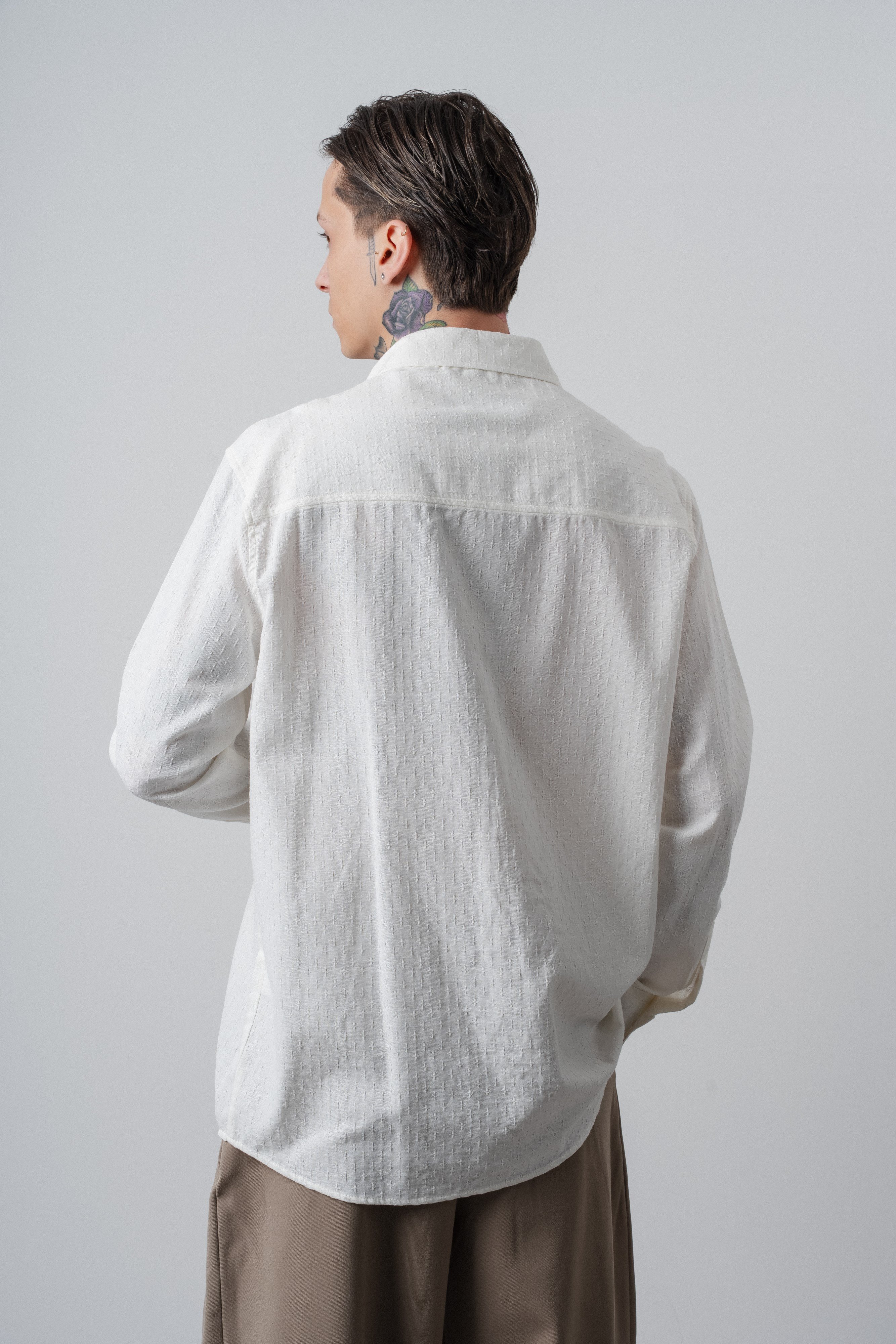 Erkek Star Nakışlı Uzun Kollu Oversize Gömlek Ekru