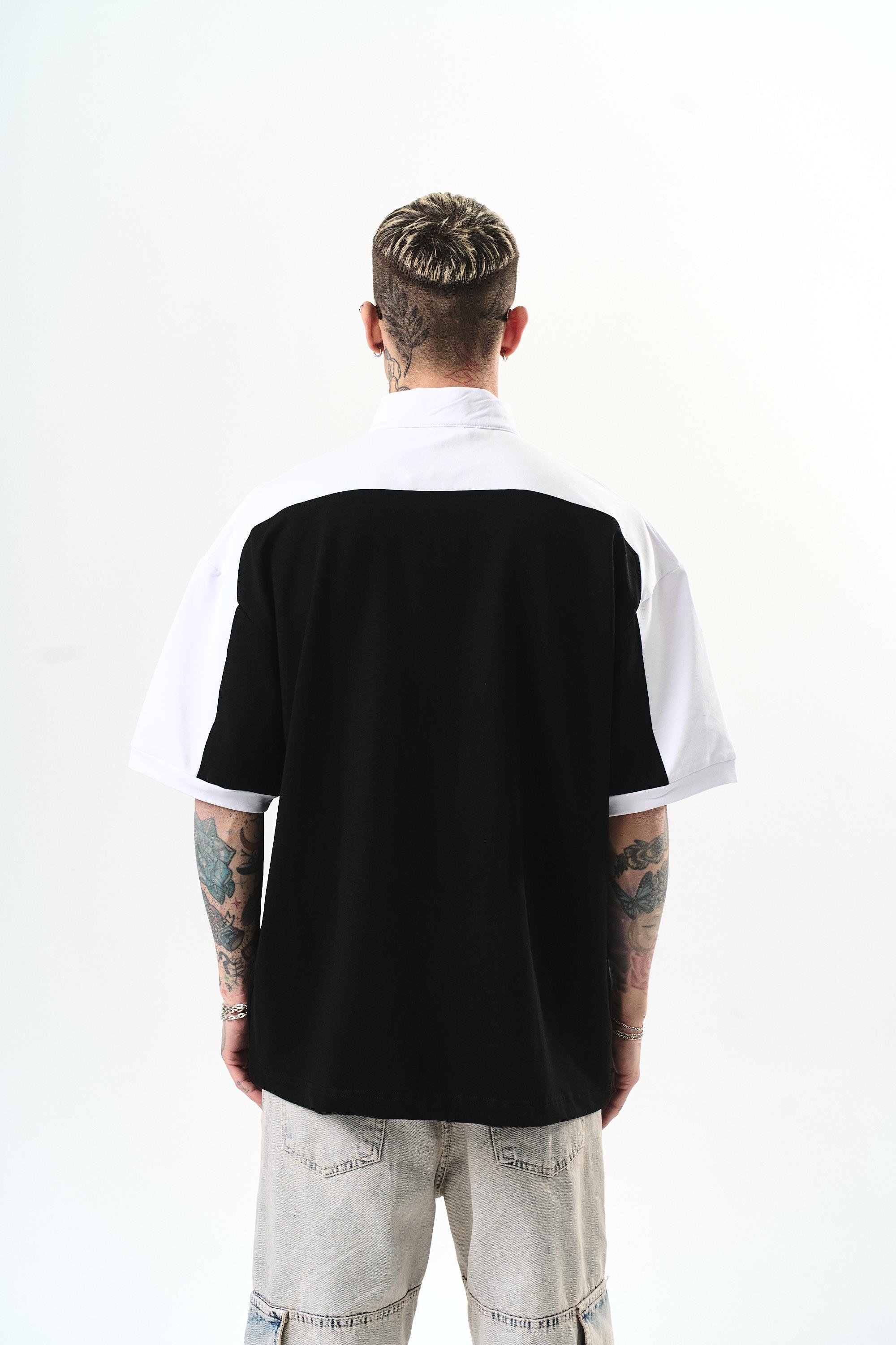 Erkek Studio Nakışlı Yarım Fermuarlı Oversize T-Shirt Siyah