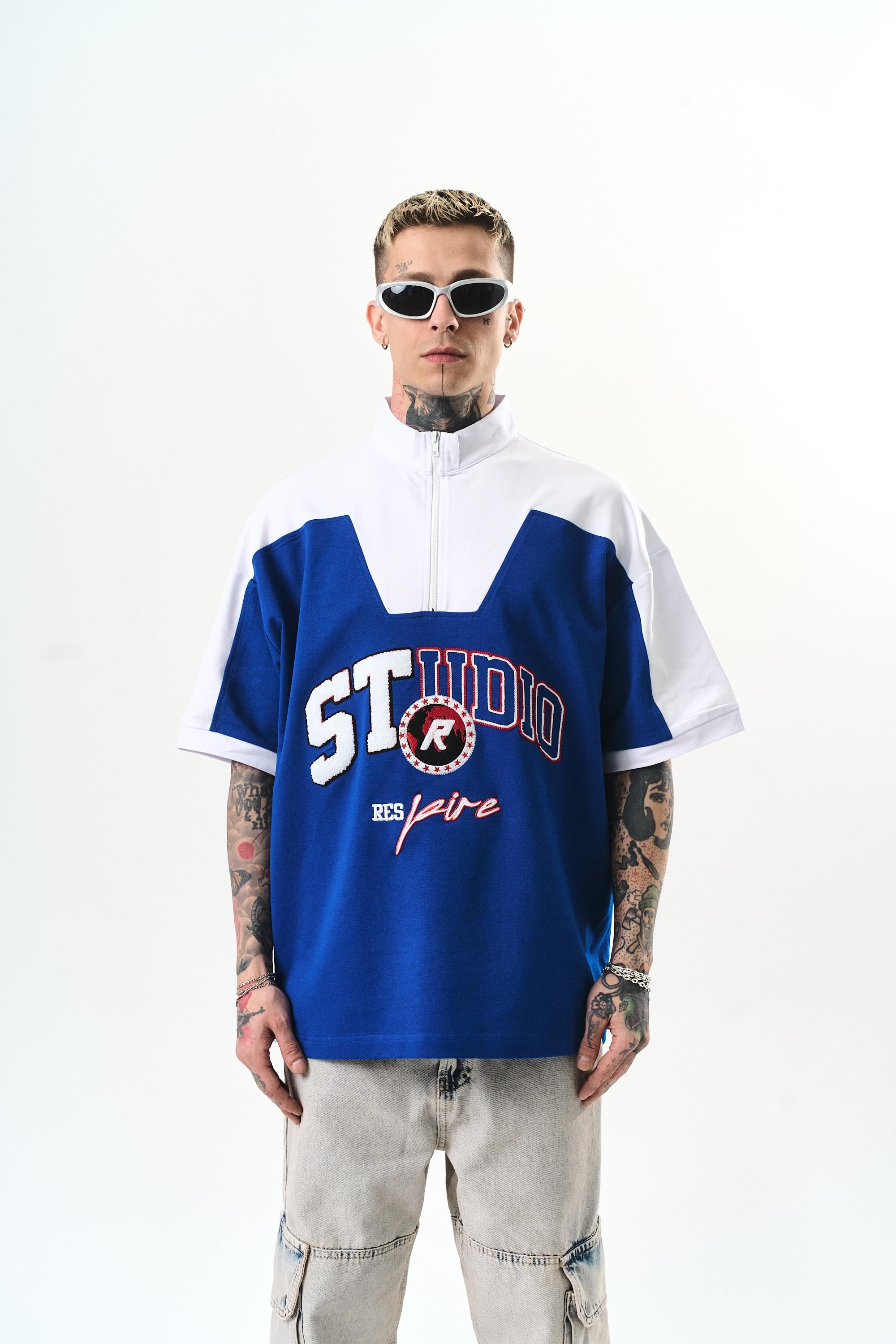 Erkek Studio Nakışlı Yarım Fermuarlı Oversize T-Shirt Saks