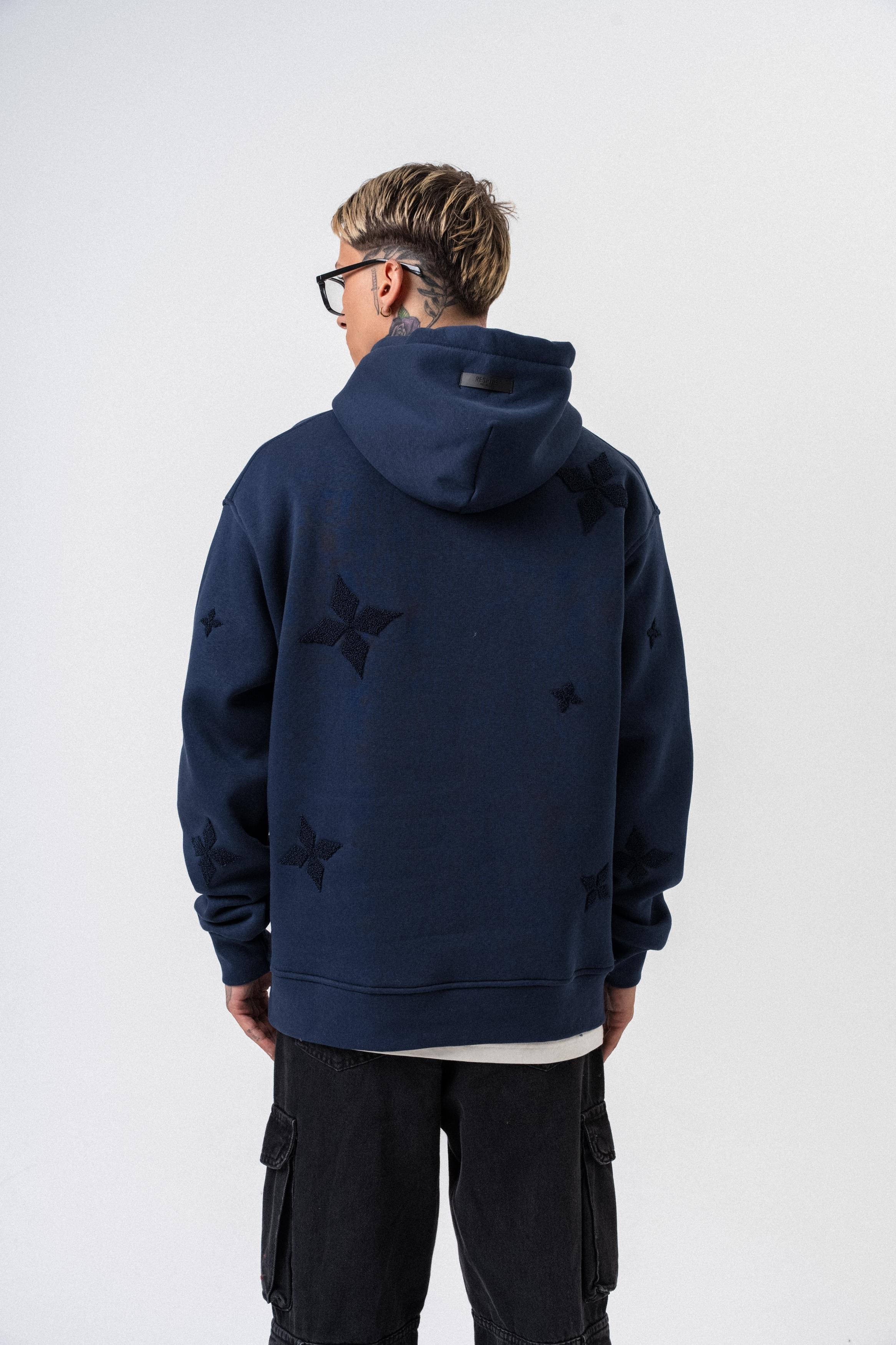 Erkek Süzene Nakış Detaylı Kapüşonlu Oversize Hoodie Lacivert