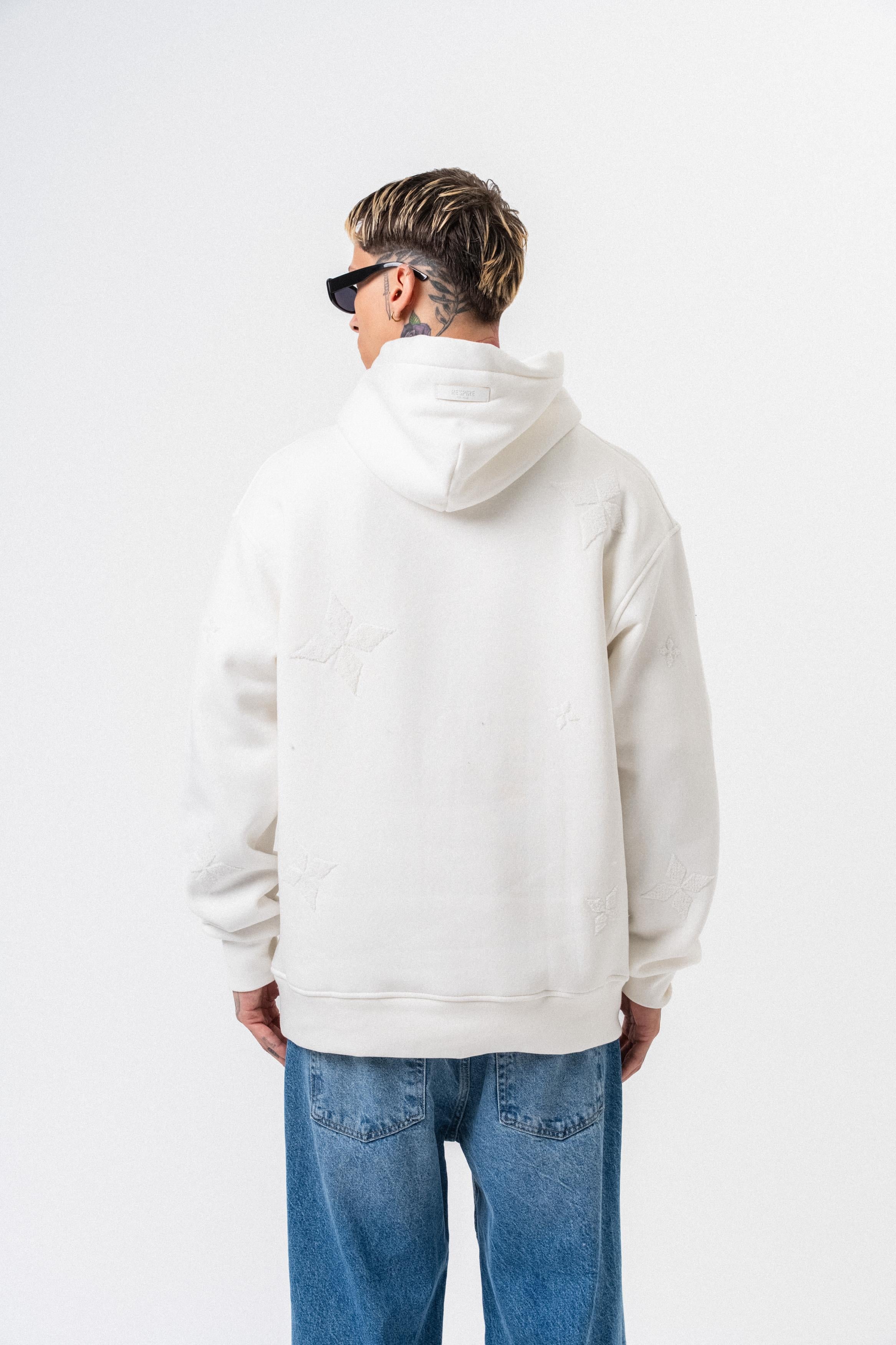Erkek Süzene Nakış Detaylı Kapüşonlu Oversize Hoodie Ekru