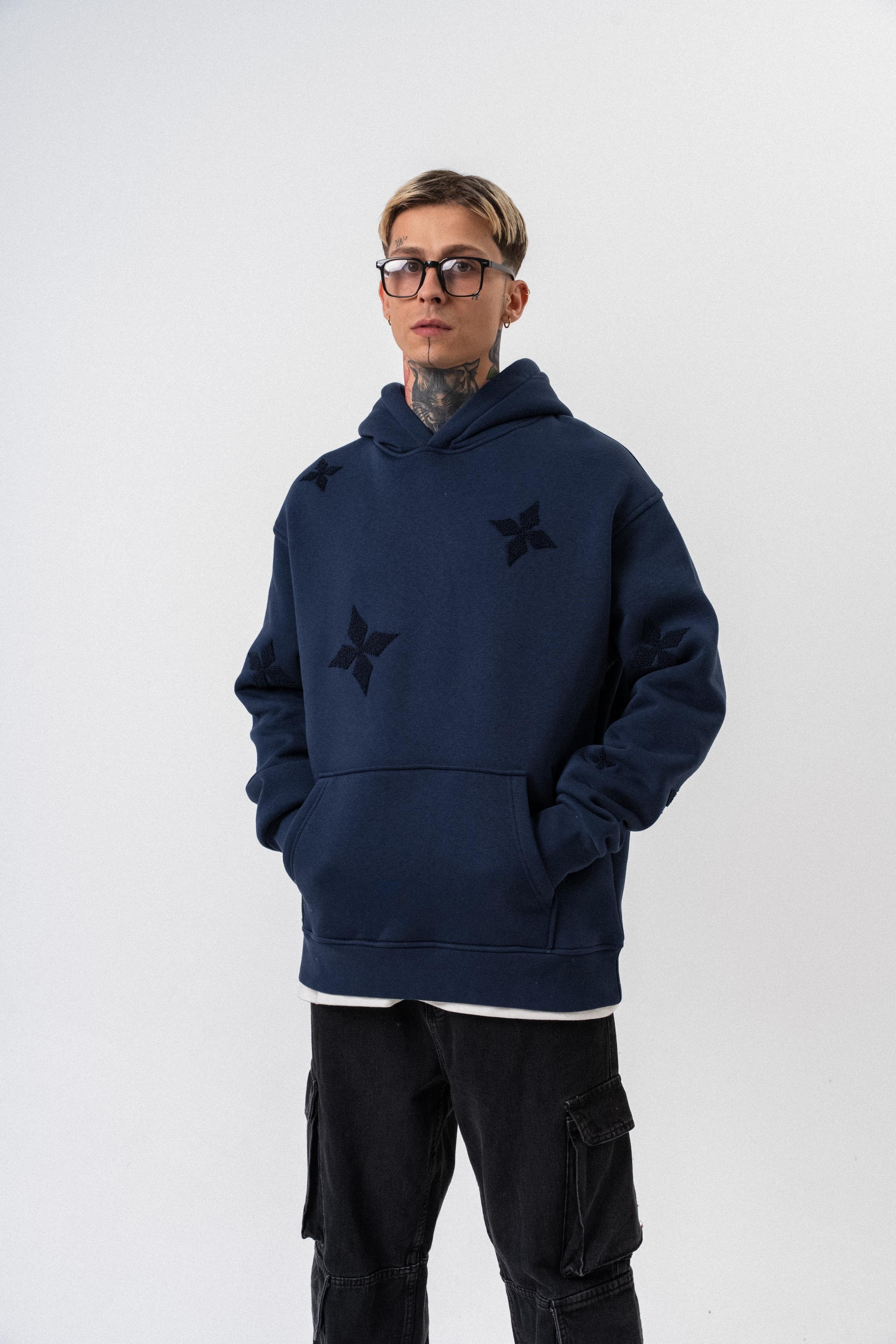 Erkek Süzene Nakış Detaylı Kapüşonlu Oversize Hoodie Lacivert