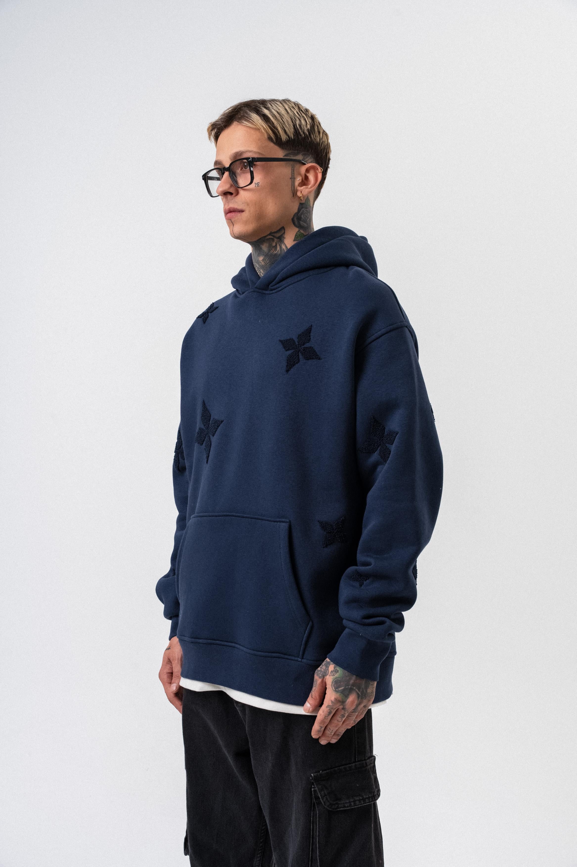 Erkek Süzene Nakış Detaylı Kapüşonlu Oversize Hoodie Lacivert