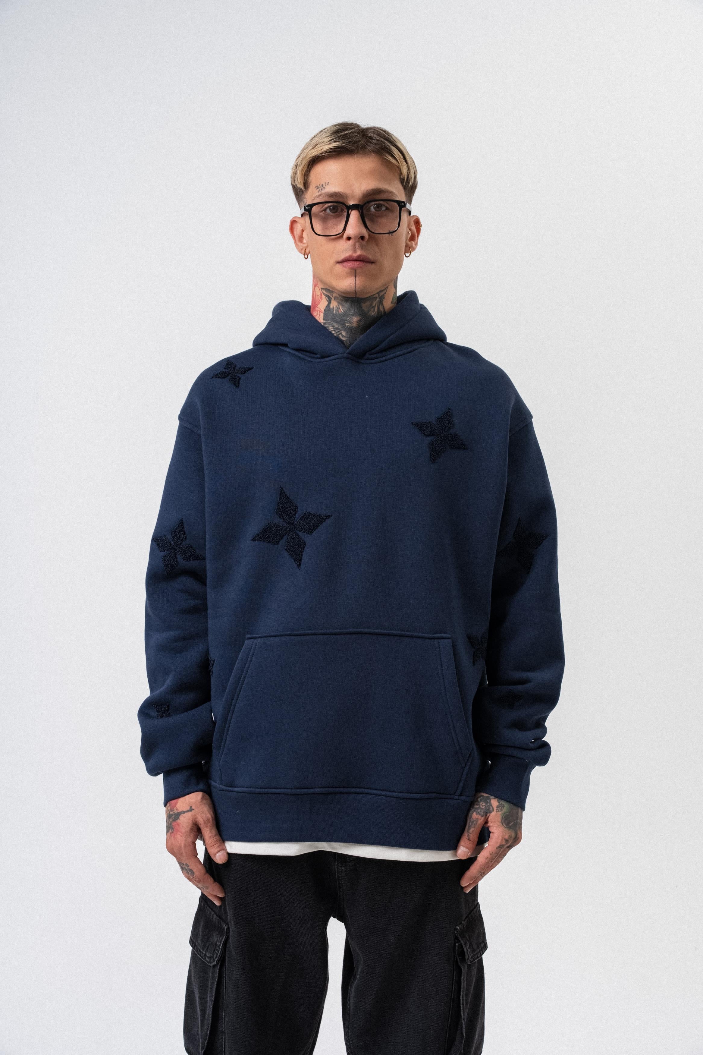 Erkek Süzene Nakış Detaylı Kapüşonlu Oversize Hoodie Lacivert